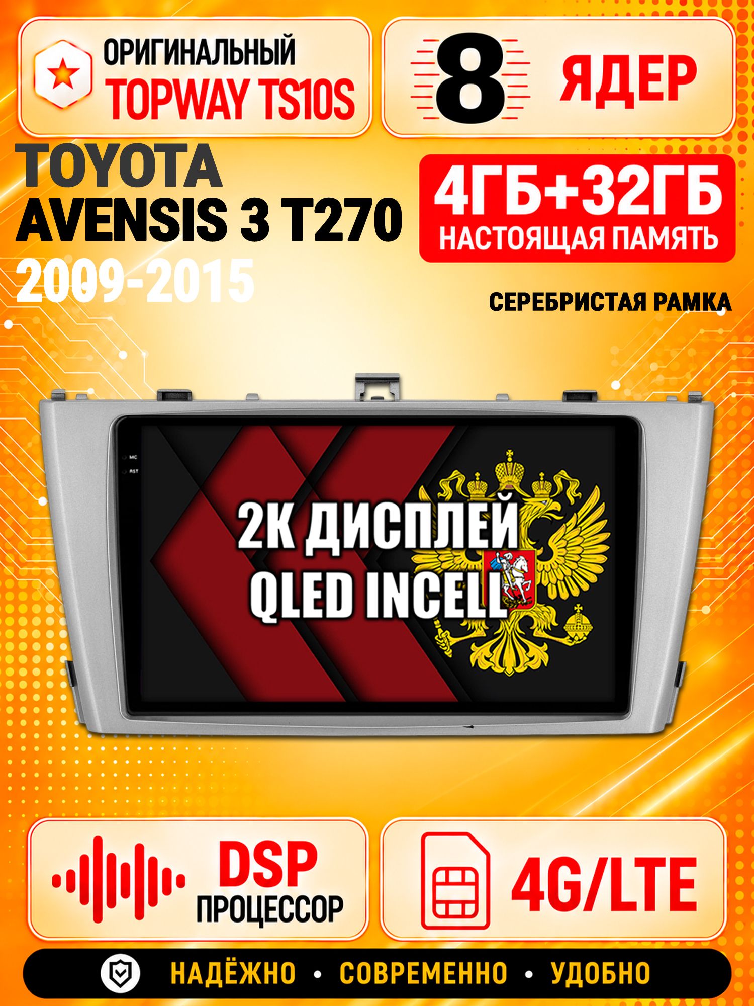 8 ядер TS10S, память 4гб+32гб и экран 2К, для TOYOTA AVENSIS 3 T270 (2009-2015), рамка серебро, Android магнитола с Carplay и 4G LTE