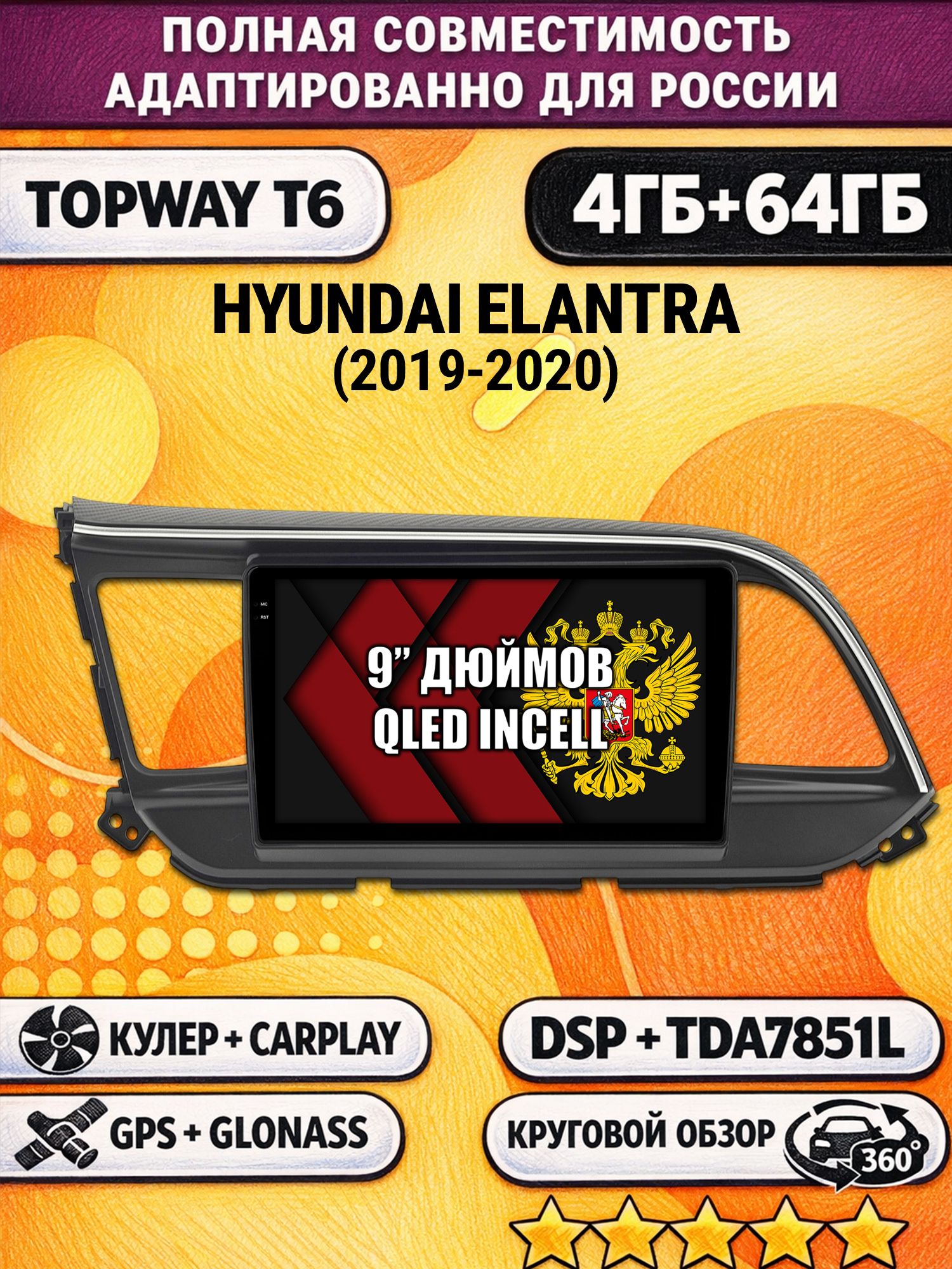 Штатная Андроид магнитола для HYUNDAI ELANTRA (2019-2020), 4/64гб, 360 обзор, DSP, беспроводной CarPlay/Android Auto, GPS/ГЛОНАСС