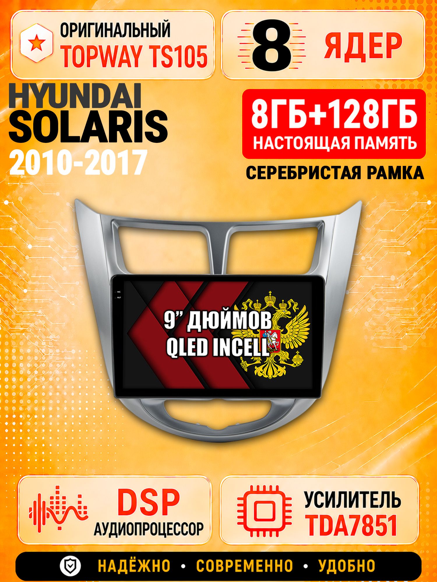 8 ядер TS105 с памятью 8гб+128гб для Hyundai Solaris (2010-2017) Соларис, Штатная андроид магнитола, DSP, 4G, беспроводной CarPlay/Android Auto