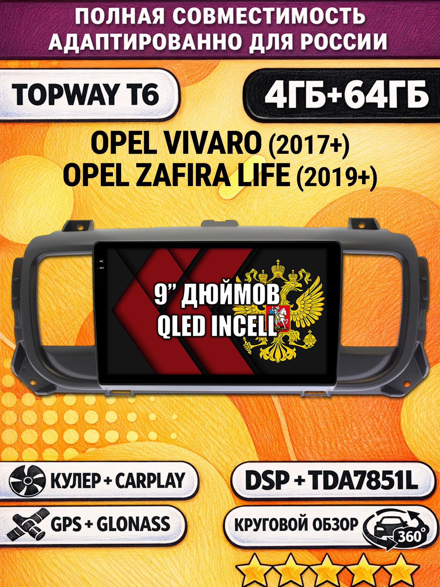 Штатная Андроид магнитола для OPEL VIVARO (2017-2024), ZAFIRA LIFE (2019-2024), 4/64гб, 360 обзор, DSP, беспроводной CarPlay/Android Auto, GPS/ГЛОНАСС