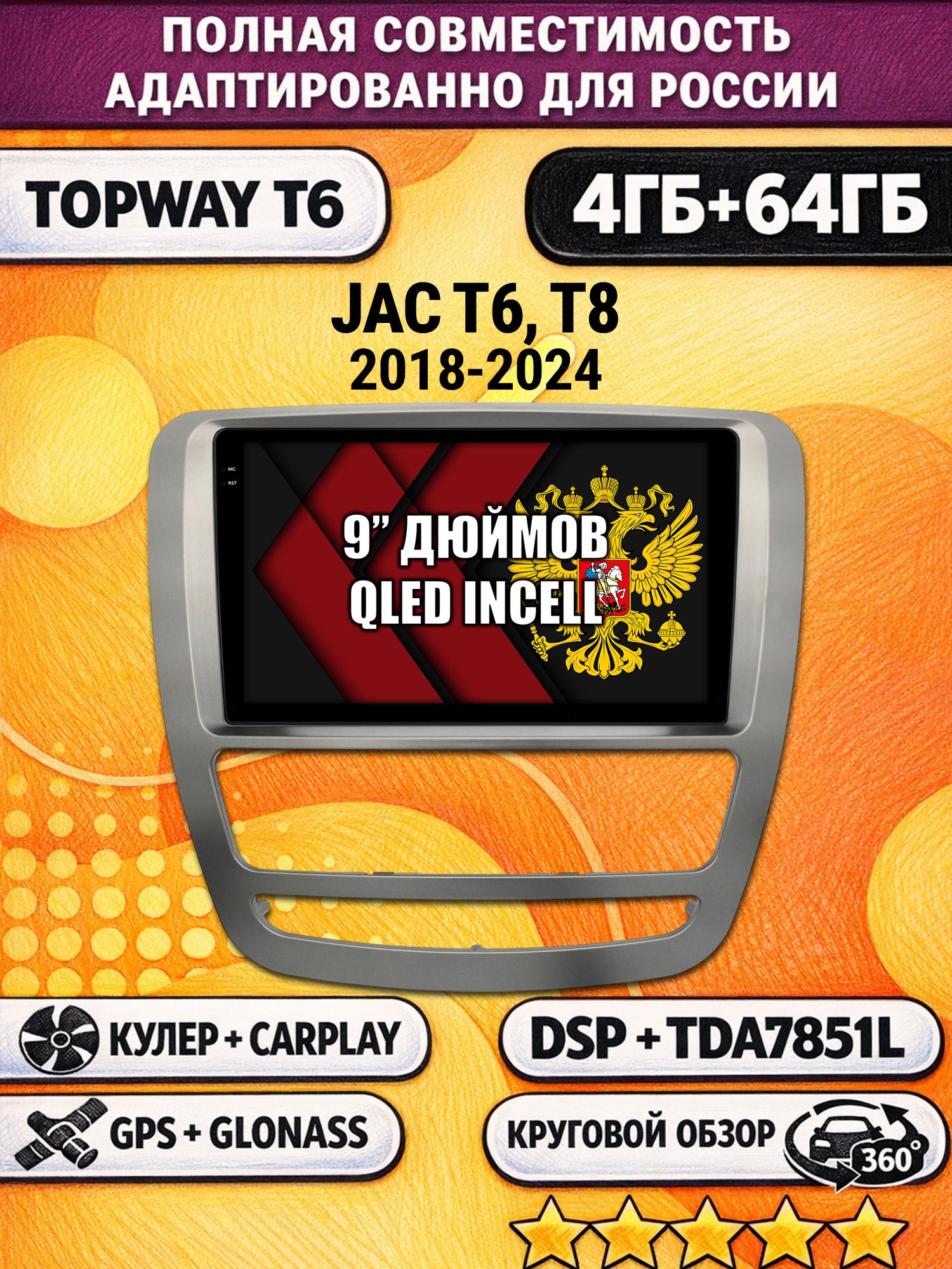 Штатная Андроид магнитола для JAC T6 T8 (2018-2024), 4/64гб, 360 обзор, DSP, беспроводной CarPlay/Android Auto, GPS/ГЛОНАСС