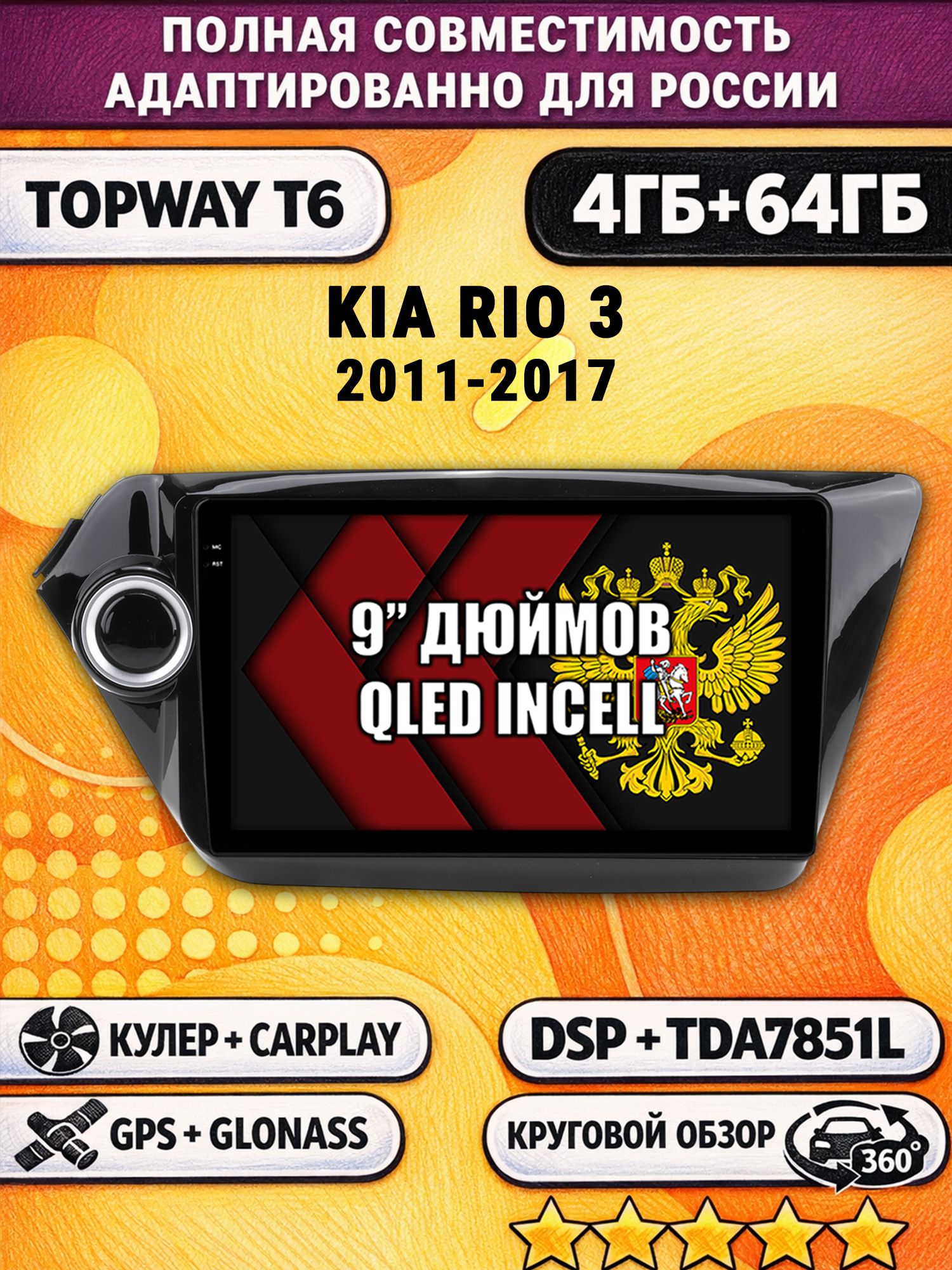 Штатная Андроид магнитола для KIA RIO 3 (2011 2012 2013 2014 2015 2016 2017) Киа Рио, 4/64гб, 360 обзор, DSP, беспроводной CarPlay/Android Auto, GPS/ГЛОНАСС