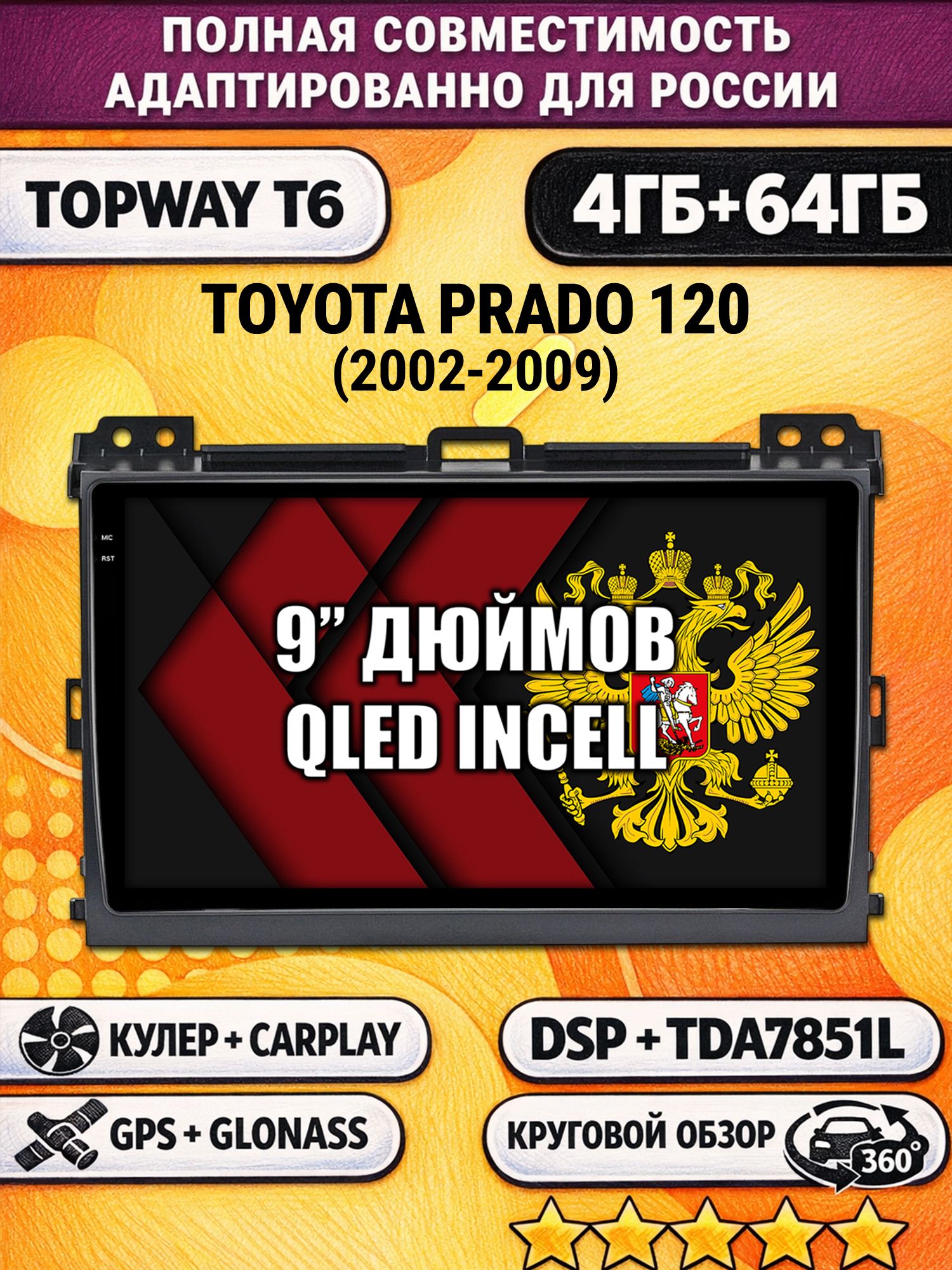 Штатная Андроид магнитола для TOYOTA PRADO 120 (2002-2009), 4/64гб, 360 обзор, DSP, беспроводной CarPlay/Android Auto, GPS/ГЛОНАСС
