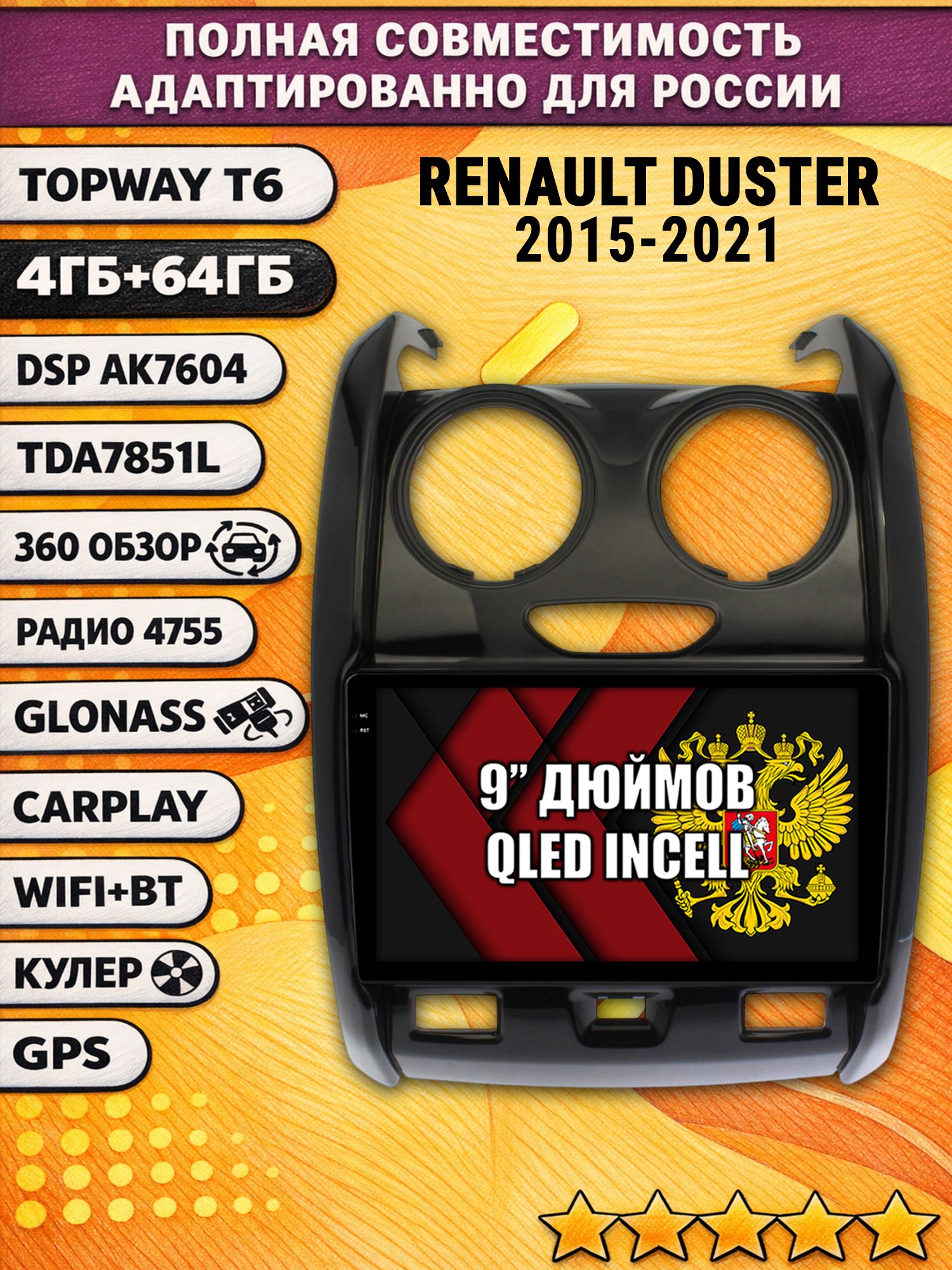 Штатная Андроид магнитола для RENAULT DUSTER (2015-2021) Рено дастер, 4/64гб, 360 обзор, DSP, беспроводной CarPlay/Android Auto, GPS/ГЛОНАСС