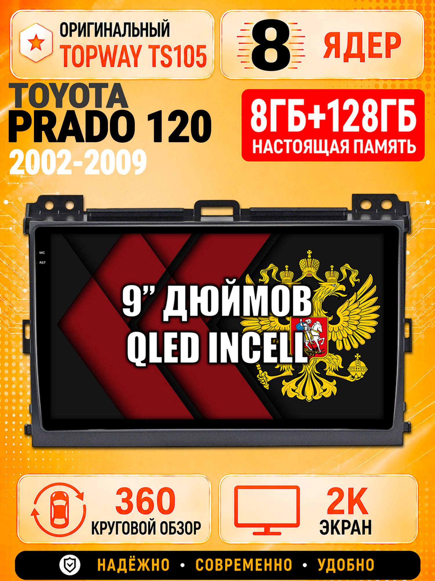 8 ядер TS105, 8гб+128гб, экран 2К и круговой обзор 360, для TOYOTA PRADO 120 (2002-2009), Андроид магнитола с Carplay