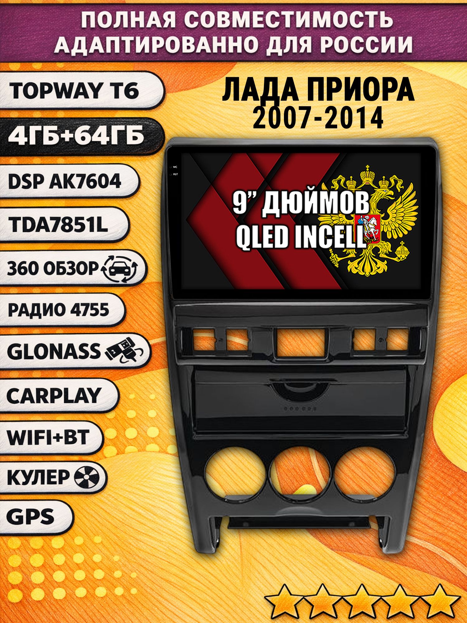 Штатная Андроид магнитола для ЛАДА ПРИОРА (2007-2014), 4/64гб, 360 обзор, DSP, беспроводной CarPlay/Android Auto, GPS/ГЛОНАСС