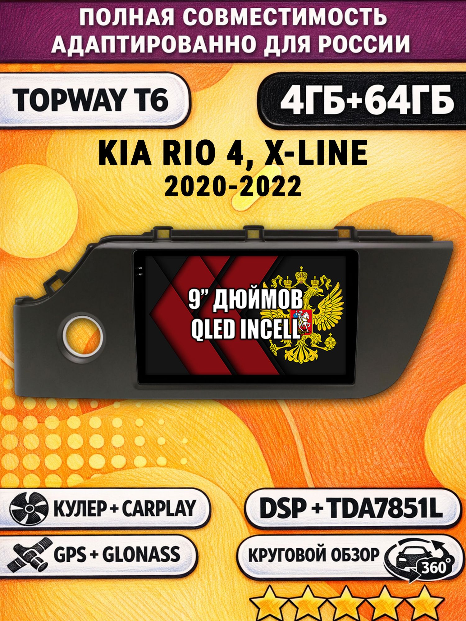 Штатная Андроид магнитола для KIA RIO 4, X-LINE (2020-2022), рамка черная матовая, 4/64гб, 360 обзор, DSP, беспроводной CarPlay/Android Auto, GPS/ГЛОНАСС