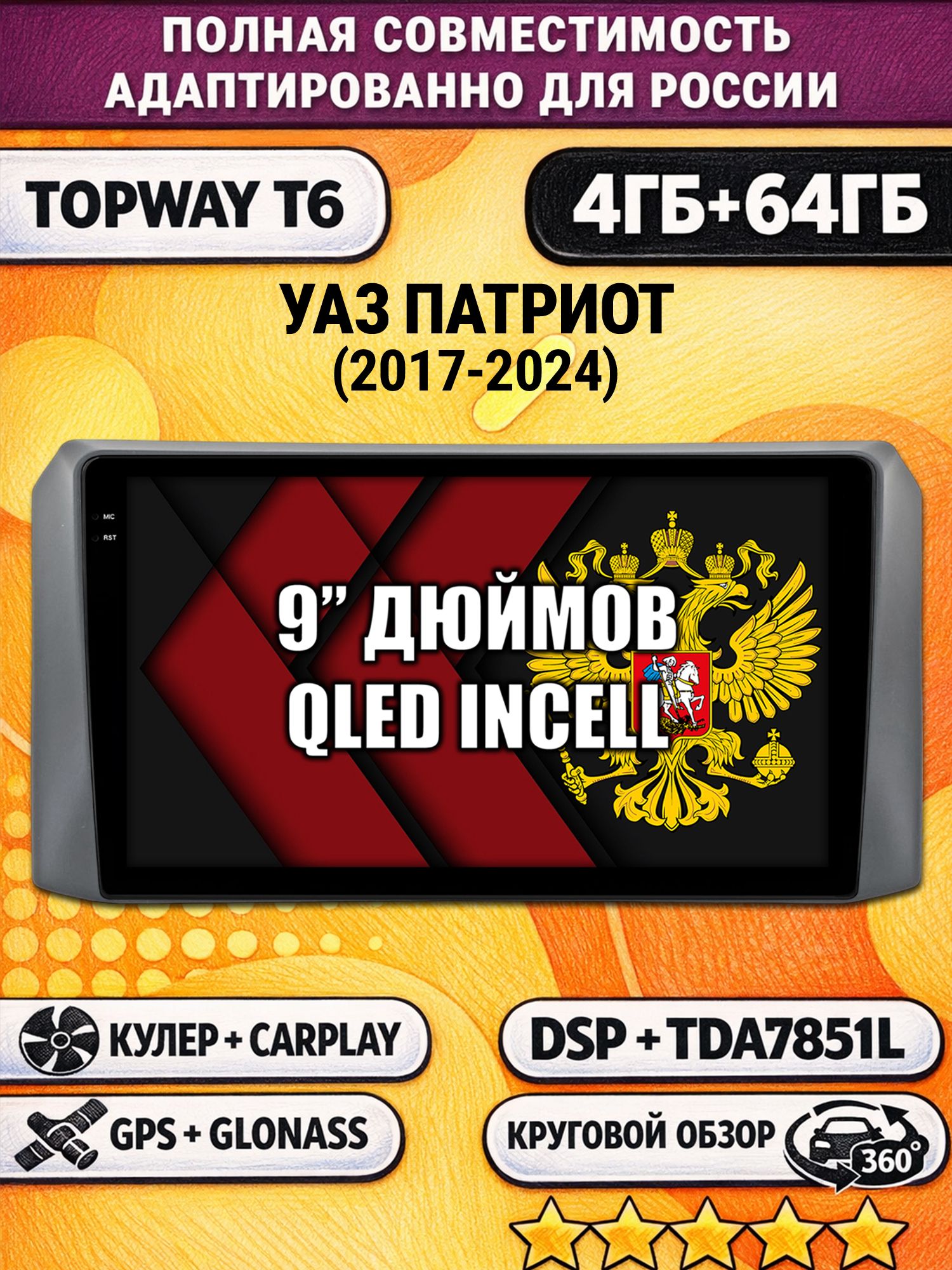 Штатная Андроид магнитола для УАЗ ПАТРИОТ (2017 2018 2019 2020 2021 2022 2023 2024) Uaz Patriot, UAZ PATRIOT, 4/64гб, 360 обзор, DSP, беспроводной CarPlay/Android Auto, GPS/ГЛОНАСС