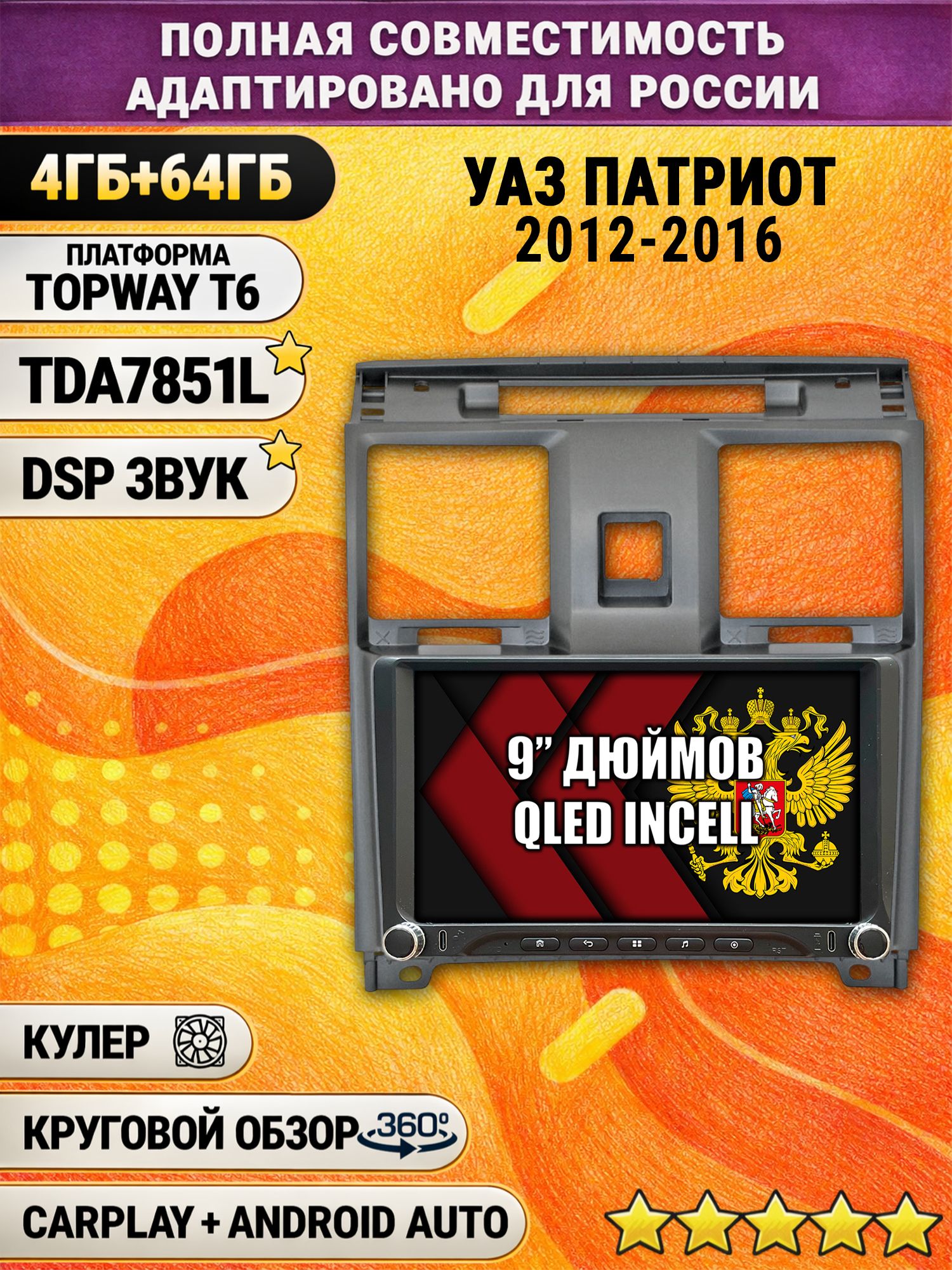 Штатная магнитола Андроид 9 для УАЗ ПАТРИОТ (2012 2013 2014 2015 2016) Uaz Patriot, UAZ PATRIOT, 4/64гб, DSP, 360 обзор, беспроводной CarPlay и Android Auto, GPS и ГЛОНАСС