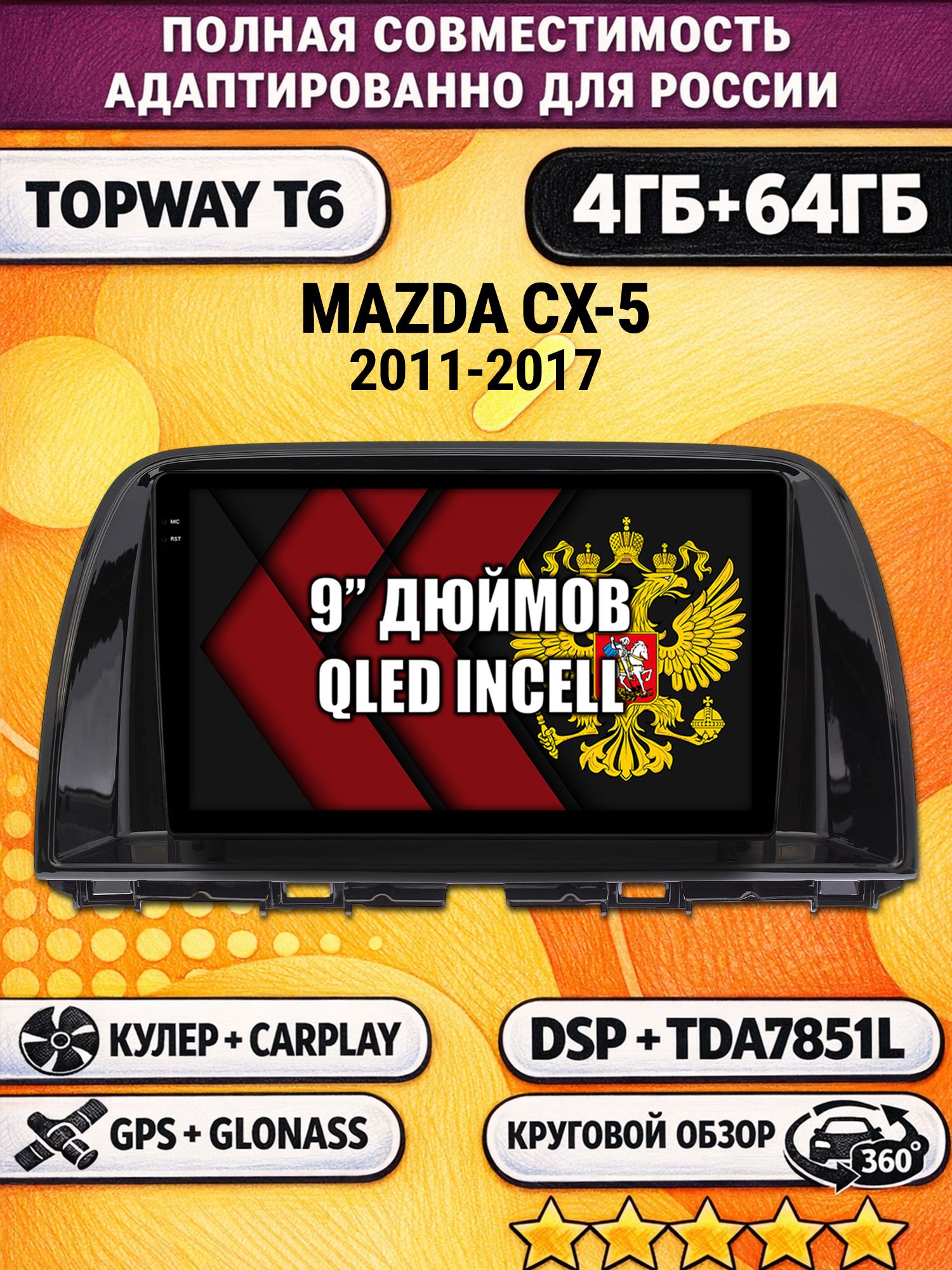 Штатная Андроид магнитола для MAZDA CX-5 (2011 2012 2013 2014 2015 2016 2017) Мазда сх5 cx5, 4/64гб, 360 обзор, DSP, беспроводной CarPlay/Android Auto, GPS/ГЛОНАСС