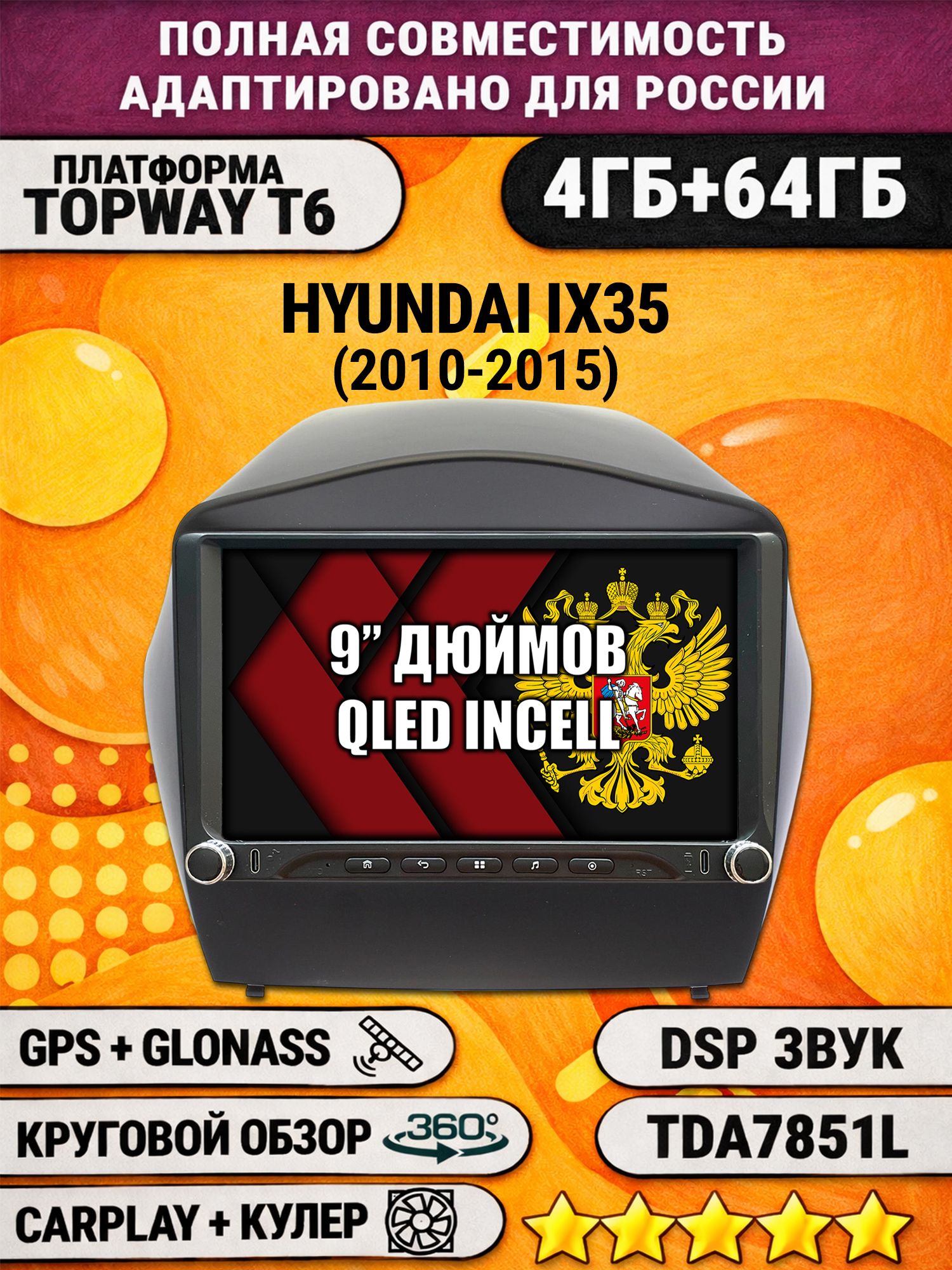 Штатная магнитола Андроид 9 для HYUNDAI IX35 (2010 2011 2012 2013 2014 2015), для комплектации без штатной родной навигации, 4/64гб, DSP, 360 обзор, беспроводной CarPlay и Android Auto, GPS и ГЛОНАСС