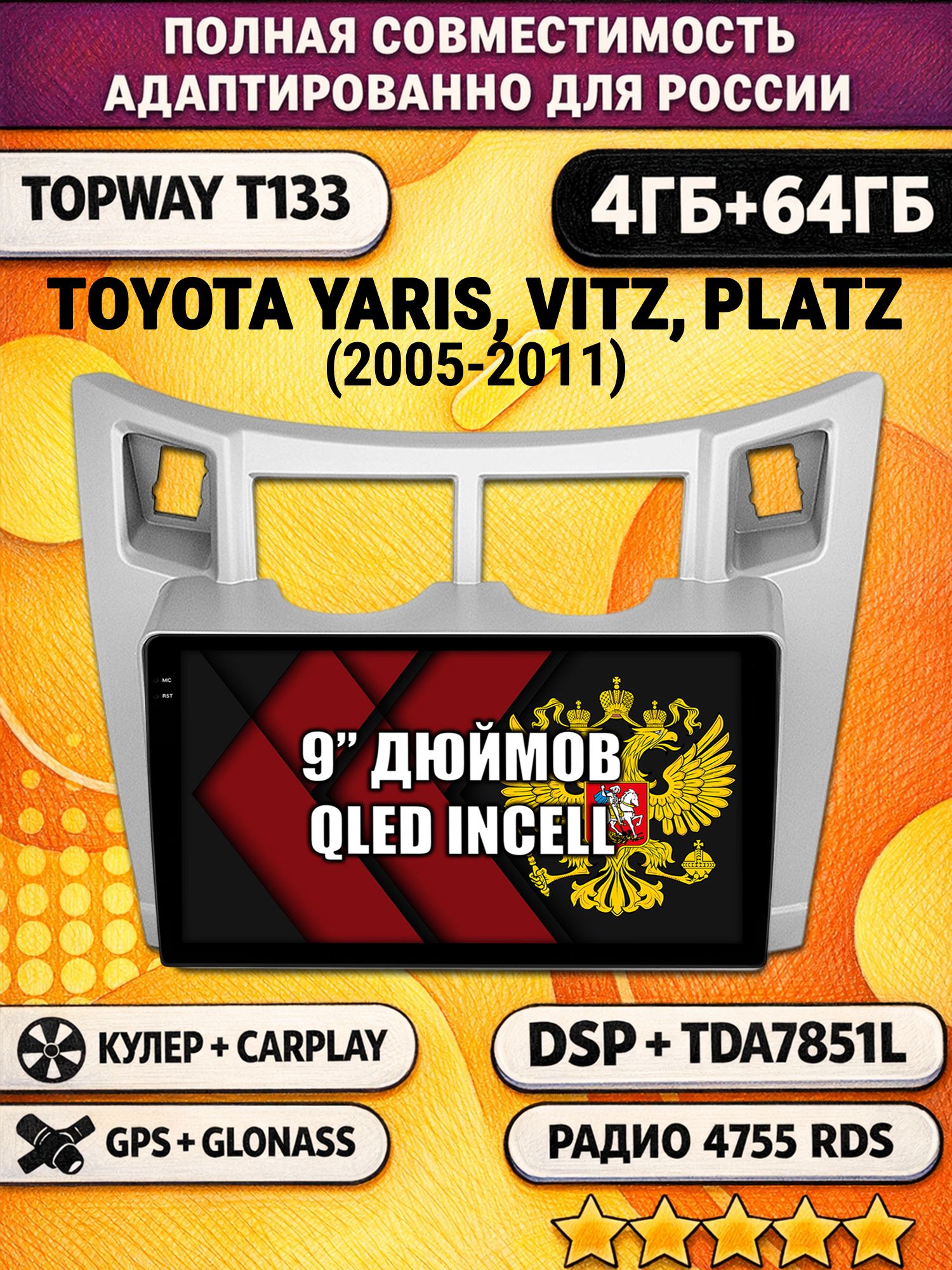 Штатная Андроид магнитола 9 для TOYOTA YARIS, VITZ, PLATZ (2005-2011), рамка серая, 4/64гб, DSP, беспроводной CarPlay и Android Auto, GPS и ГЛОНАСС