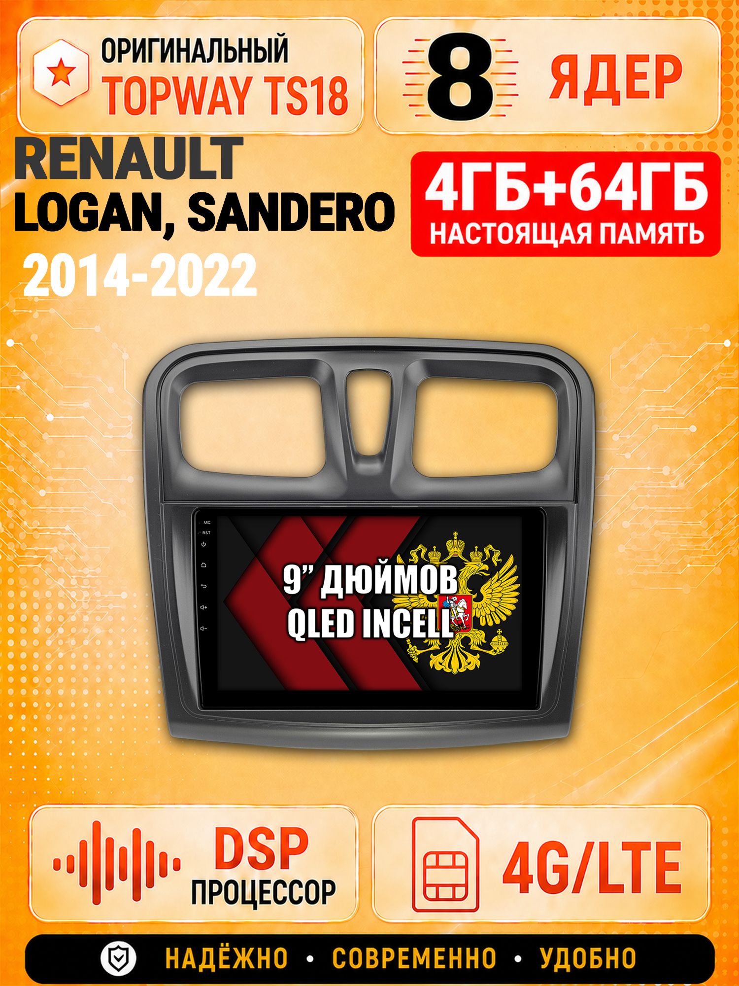 8 ядер 4гб+64гб для RENAULT LOGAN, SANDERO (2014 2015 2016 2017 2018 2019 2020 2021 2022), Андроид магнитола с Carplay и Android Auto