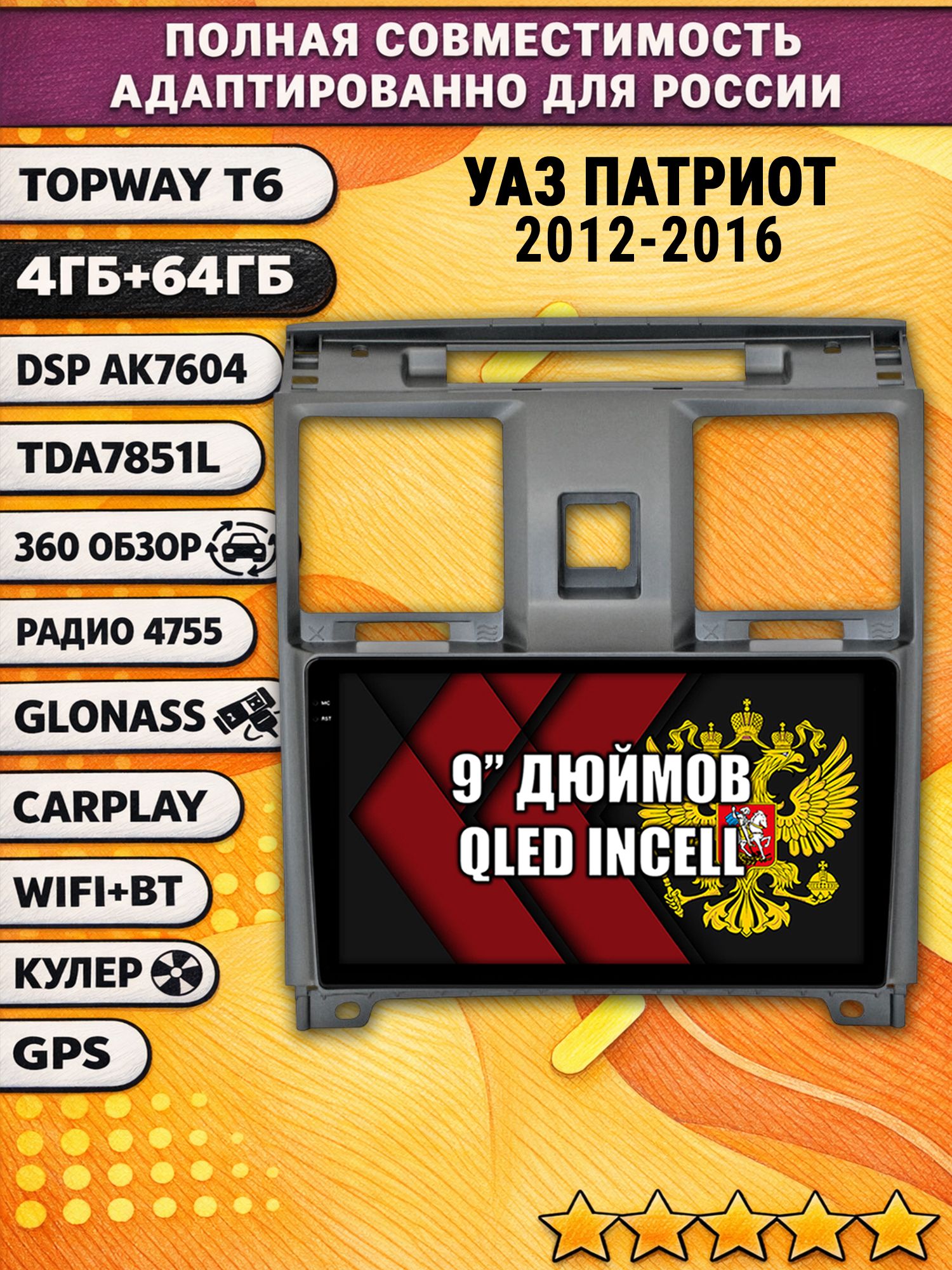 Штатная Андроид магнитола для УАЗ ПАТРИОТ (2012 2013 2014 2015 2016) Uaz Patriot, UAZ PATRIOT, 4/64гб, 360 обзор, DSP, беспроводной CarPlay/Android Auto, GPS/ГЛОНАСС
