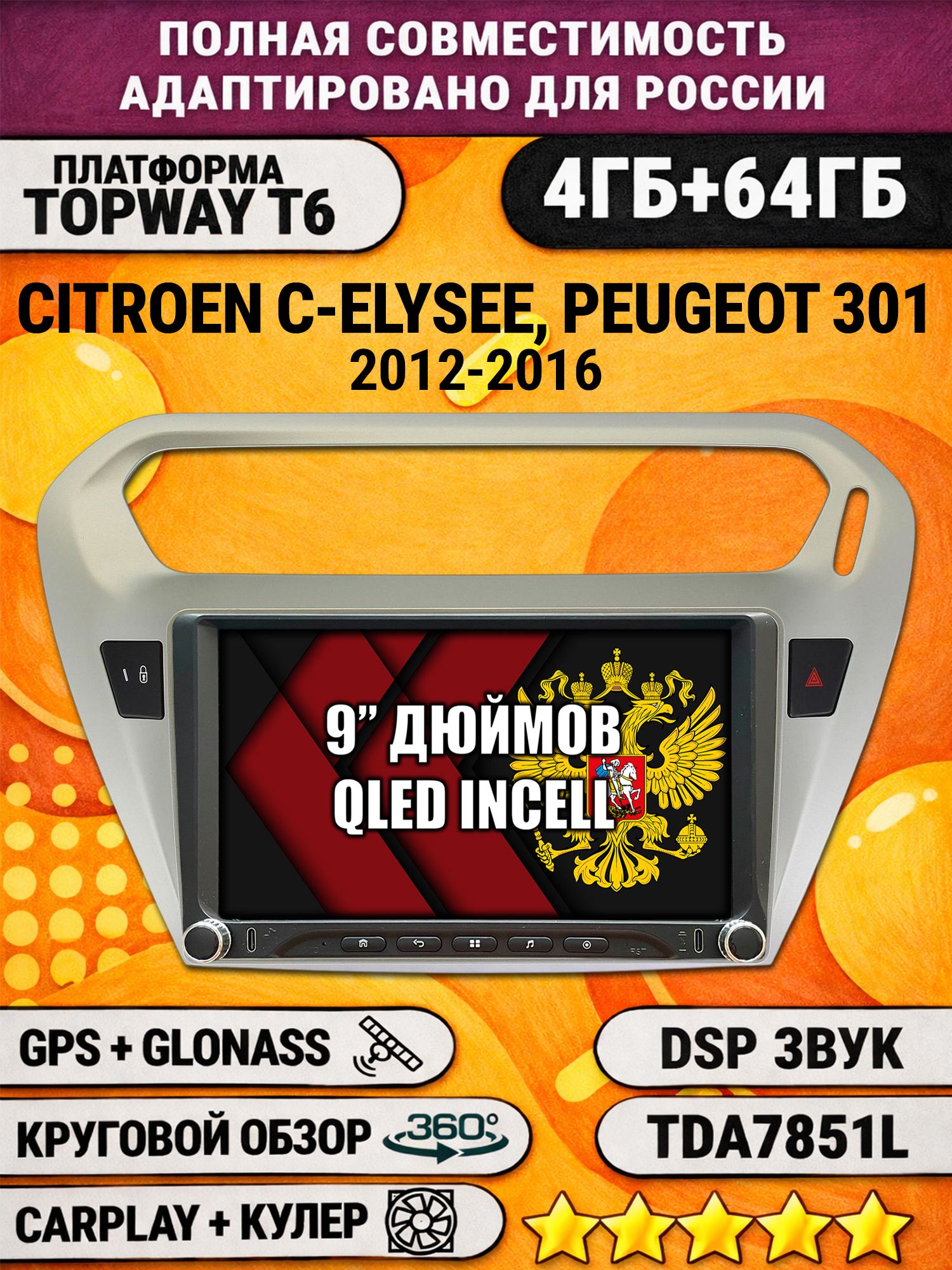 Штатная магнитола Андроид 9 для PEUGEOT 301, CITROEN C-ELYSEE (2012-2016), 4/64гб, DSP, 360 обзор, беспроводной CarPlay и Android Auto, GPS и ГЛОНАСС