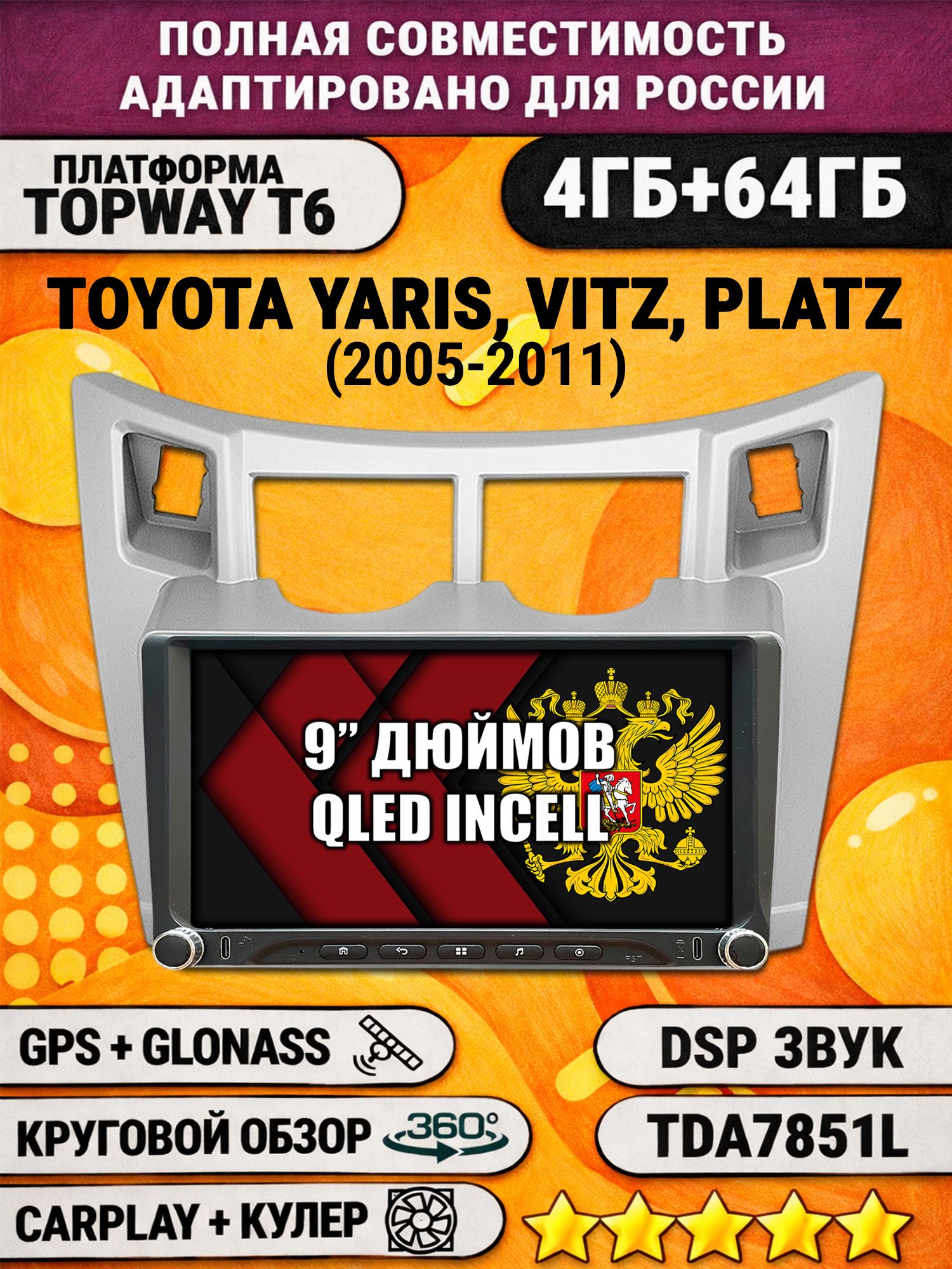 Штатная магнитола Андроид 9 для TOYOTA YARIS, VITZ, PLATZ (2005-2011), рамка серая, 4/64гб, DSP, 360 обзор, беспроводной CarPlay и Android Auto, GPS и ГЛОНАСС