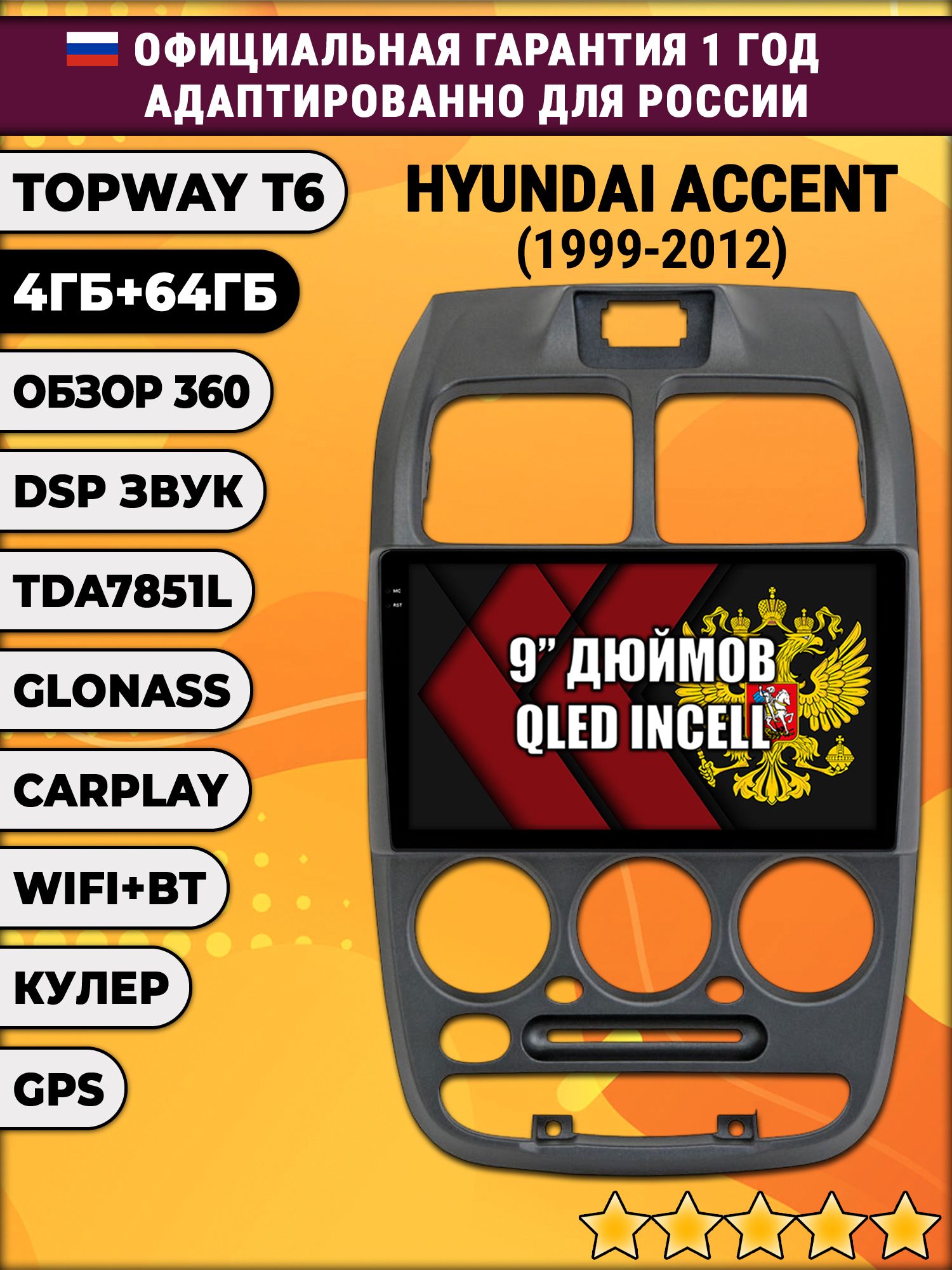 Штатная Андроид магнитола для HYUNDAI ACCENT (1999-2012) Хендай Акцент, 4/64гб, 360 обзор, DSP, беспроводной CarPlay/Android Auto, GPS/ГЛОНАСС