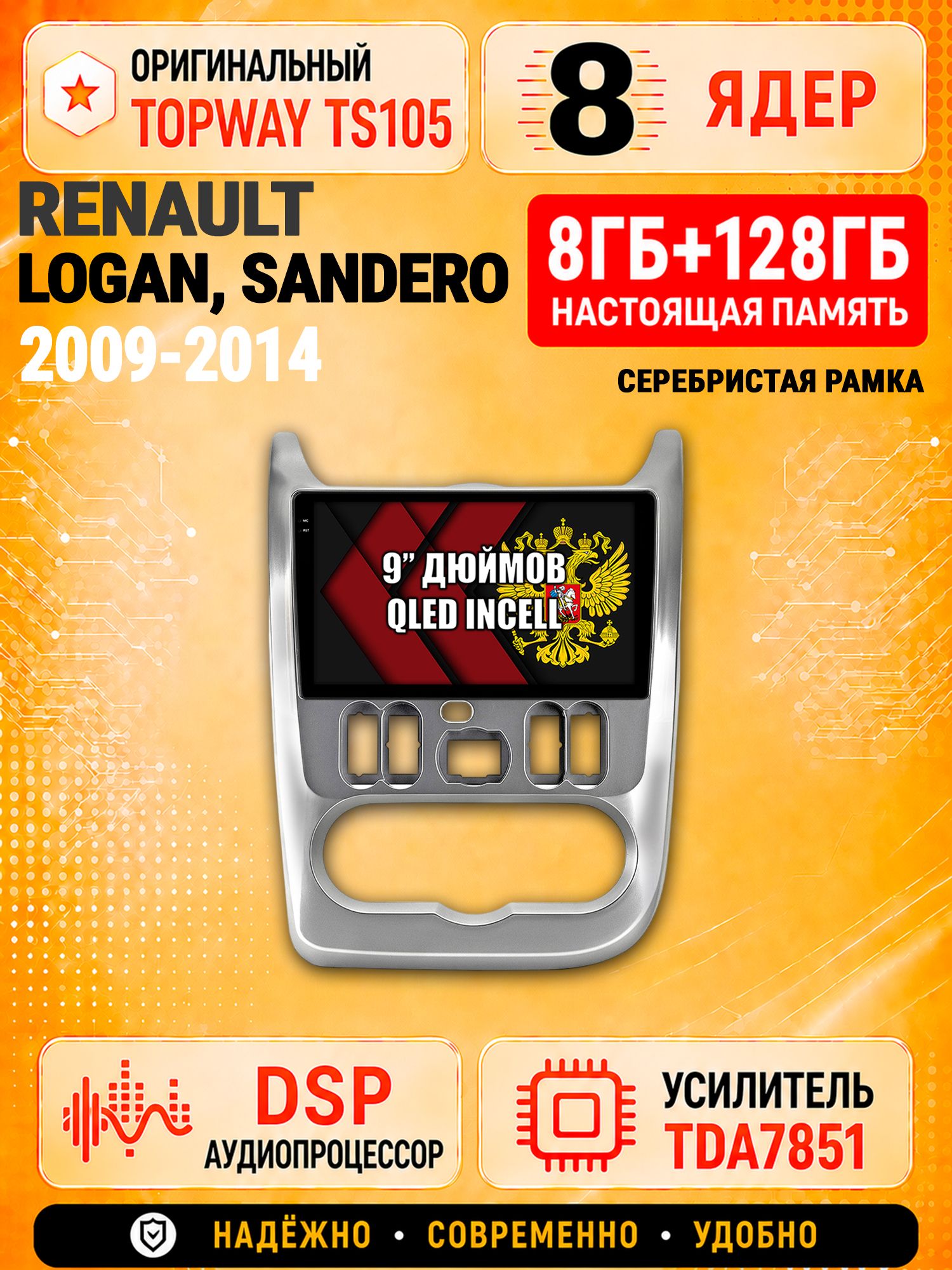 8 ядер TS105 с памятью 8гб+128гб для Renault Logan (2009-2014) Sandero (2009-2014) - серебристая рамка, Штатная андроид магнитола, DSP, 4G, беспроводной CarPlay/Android Auto