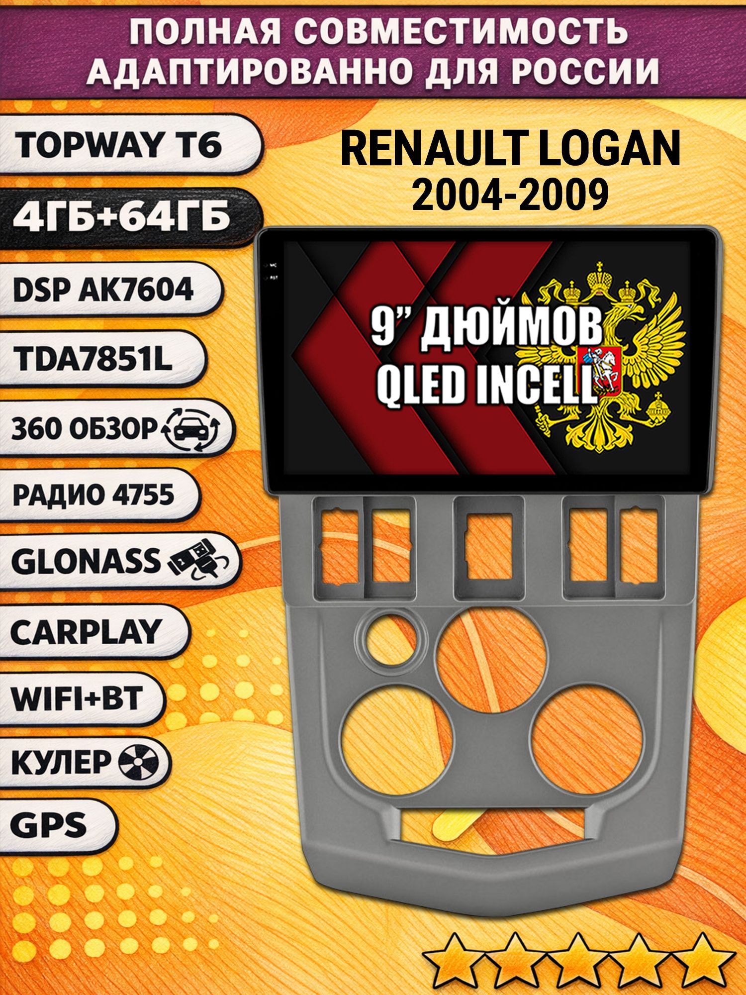 Штатная Андроид магнитола для RENAULT LOGAN (2004-2009), 4/64гб, 360 обзор, DSP, беспроводной CarPlay/Android Auto, GPS/ГЛОНАСС