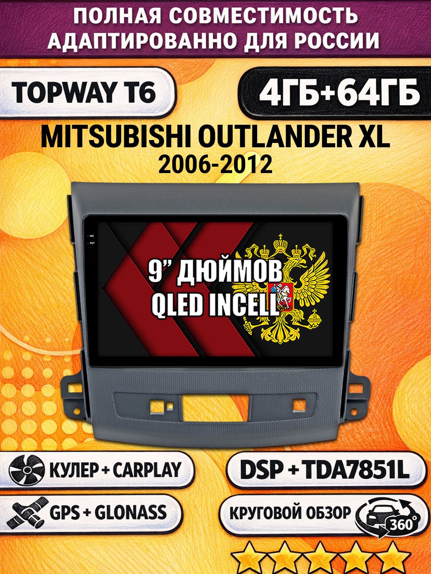 Штатная Андроид магнитола для MITSUBISHI OUTLANDER XL (2006-2012), 4/64гб, 360 обзор, DSP, беспроводной CarPlay/Android Auto, GPS/ГЛОНАСС