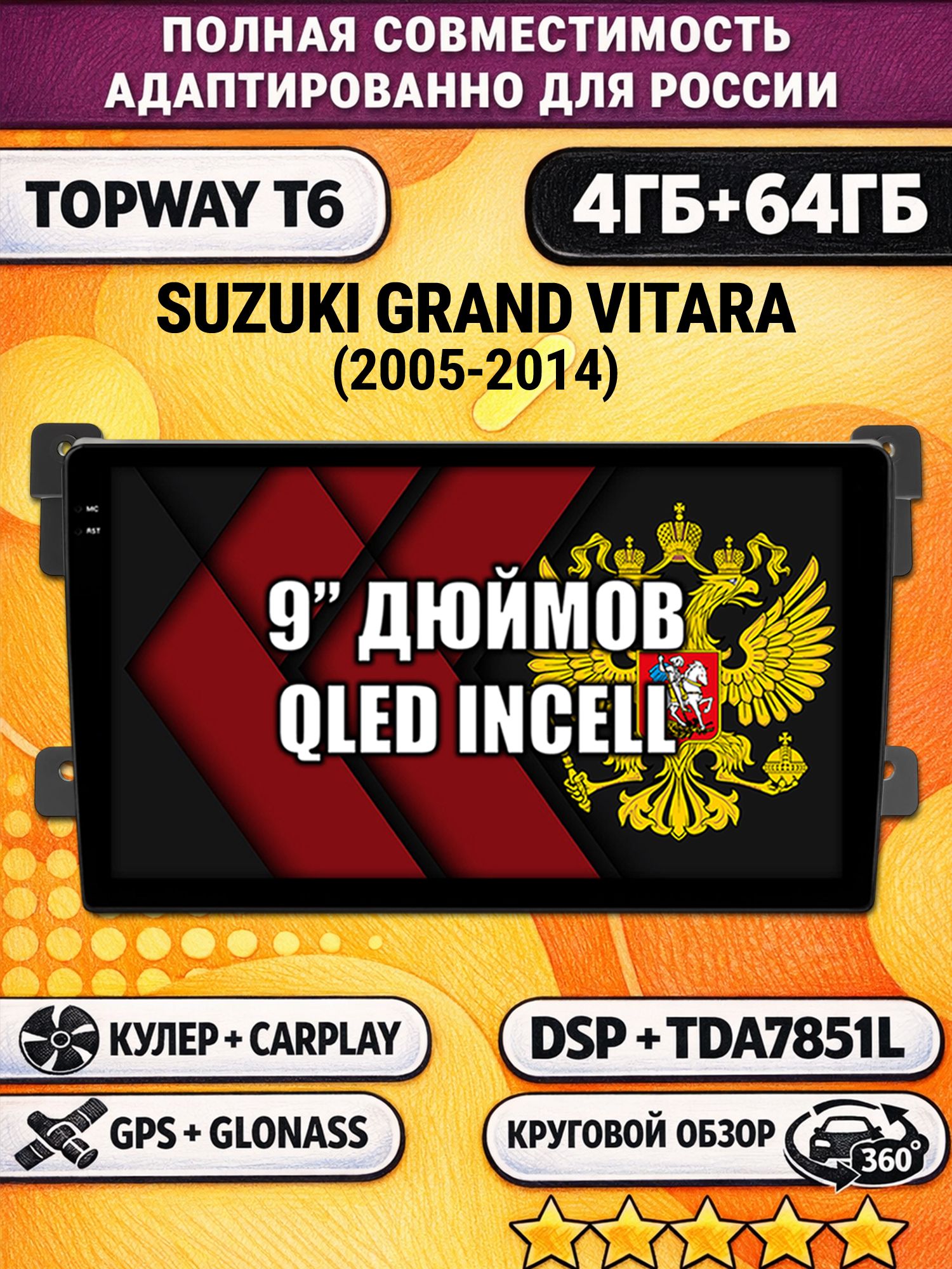 Штатная Андроид магнитола для SUZUKI GRAND VITARA (2005-2014), 4/64гб, 360 обзор, DSP, беспроводной CarPlay/Android Auto, GPS/ГЛОНАСС