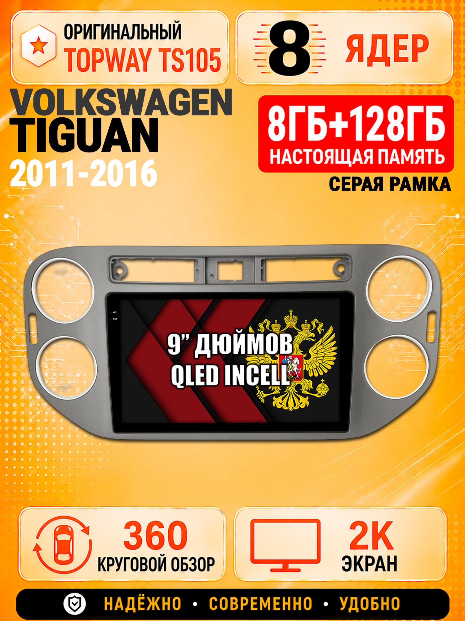 8 ядер TS105, 8гб+128гб, экран 2К и круговой обзор 360, для VOLKSWAGEN TIGUAN (2011-2016), Андроид магнитола с Carplay, Квадратная аварийка, темно серая рамка