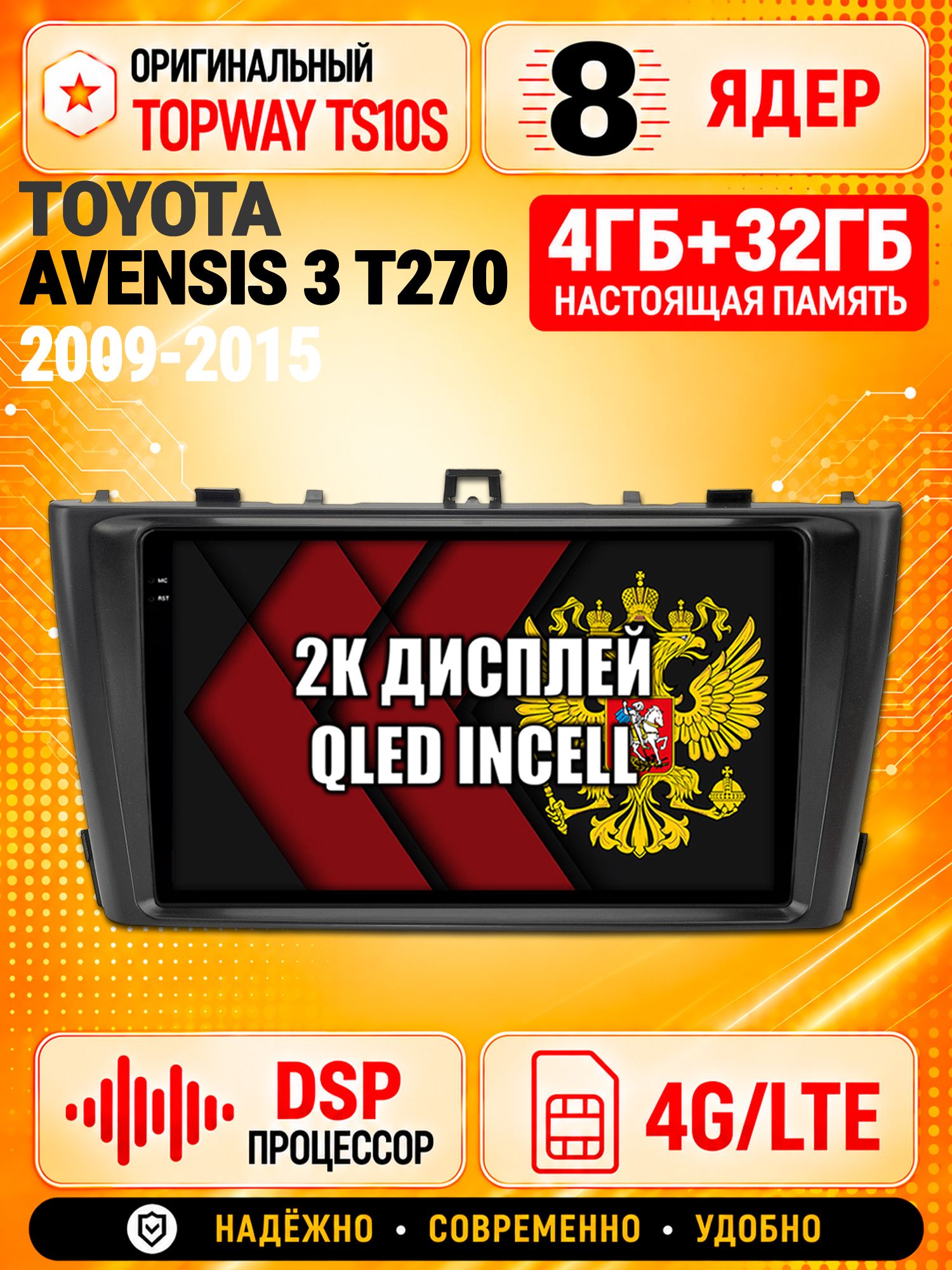 8 ядер TS10S, память 4гб+32гб и экран 2К, для TOYOTA AVENSIS 3 T270 (2009-2015), Android магнитола с Carplay и 4G LTE