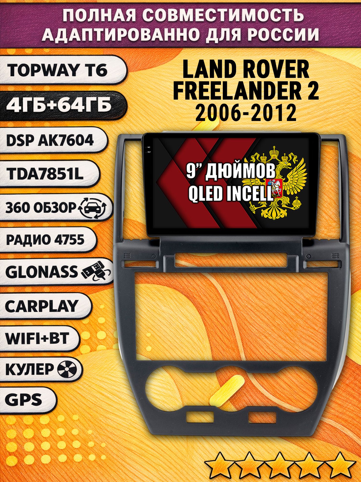 Штатная Андроид магнитола для LAND ROVER FREELANDER 2 (2006 - 2012), 4/64гб, 360 обзор, DSP, беспроводной CarPlay/Android Auto, GPS/ГЛОНАСС