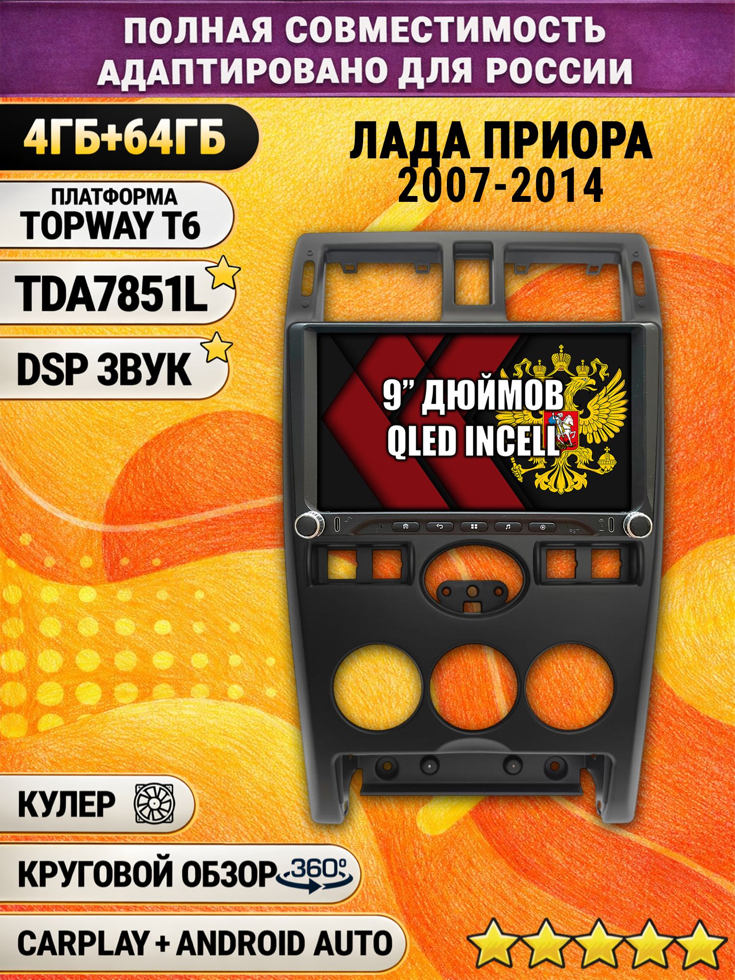 Штатная магнитола Андроид 9 для LADA PRIORA / ЛАДА ПРИОРА (2007-2014), 4/64гб, DSP, 360 обзор, беспроводной CarPlay и Android Auto, GPS и ГЛОНАСС
