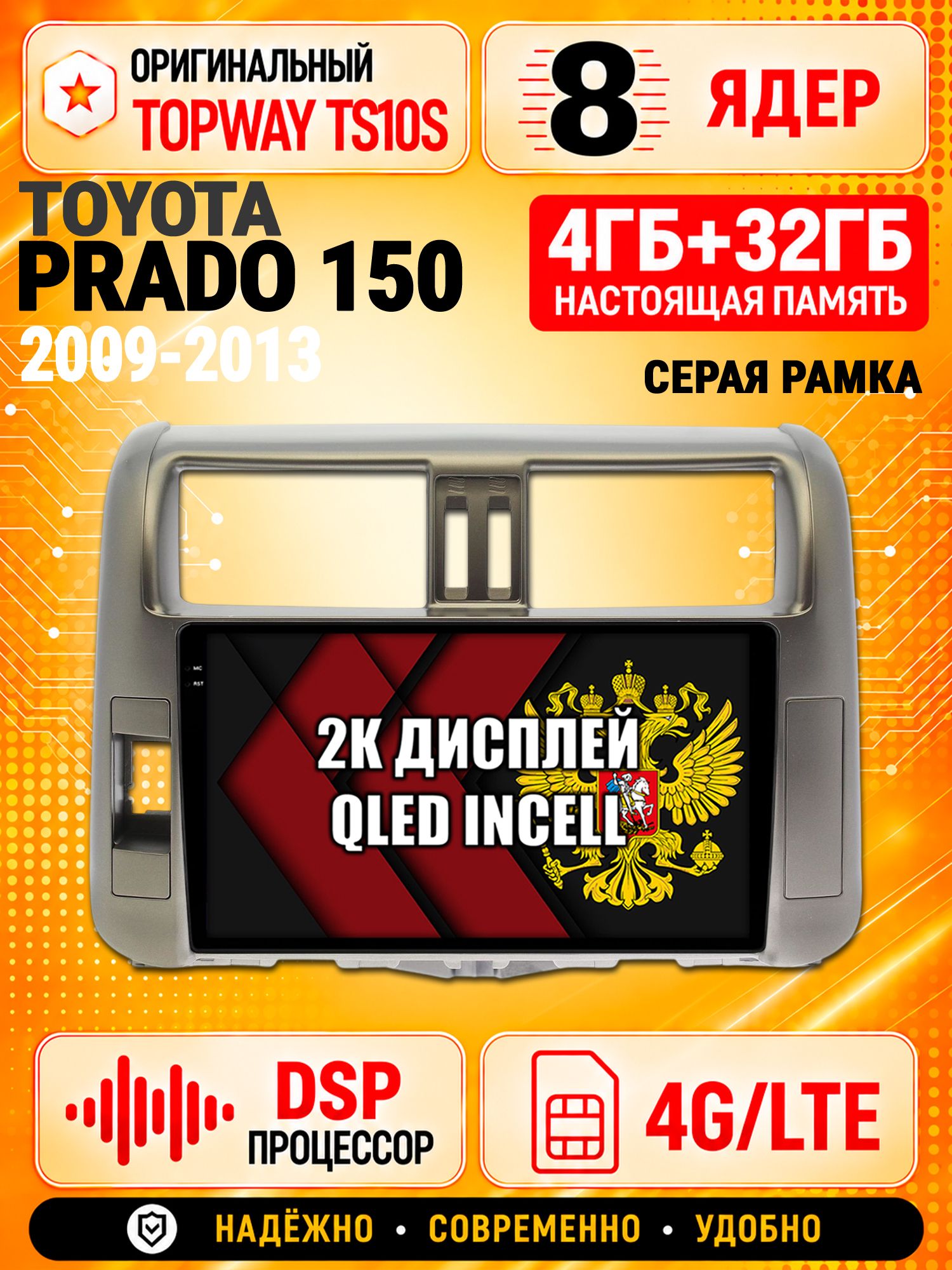 8 ядер TS10S, память 4гб+32гб и экран 2К, для TOYOTA PRADO 150 (2009-2013), Android магнитола с Carplay и 4G LTE, Рамка серая