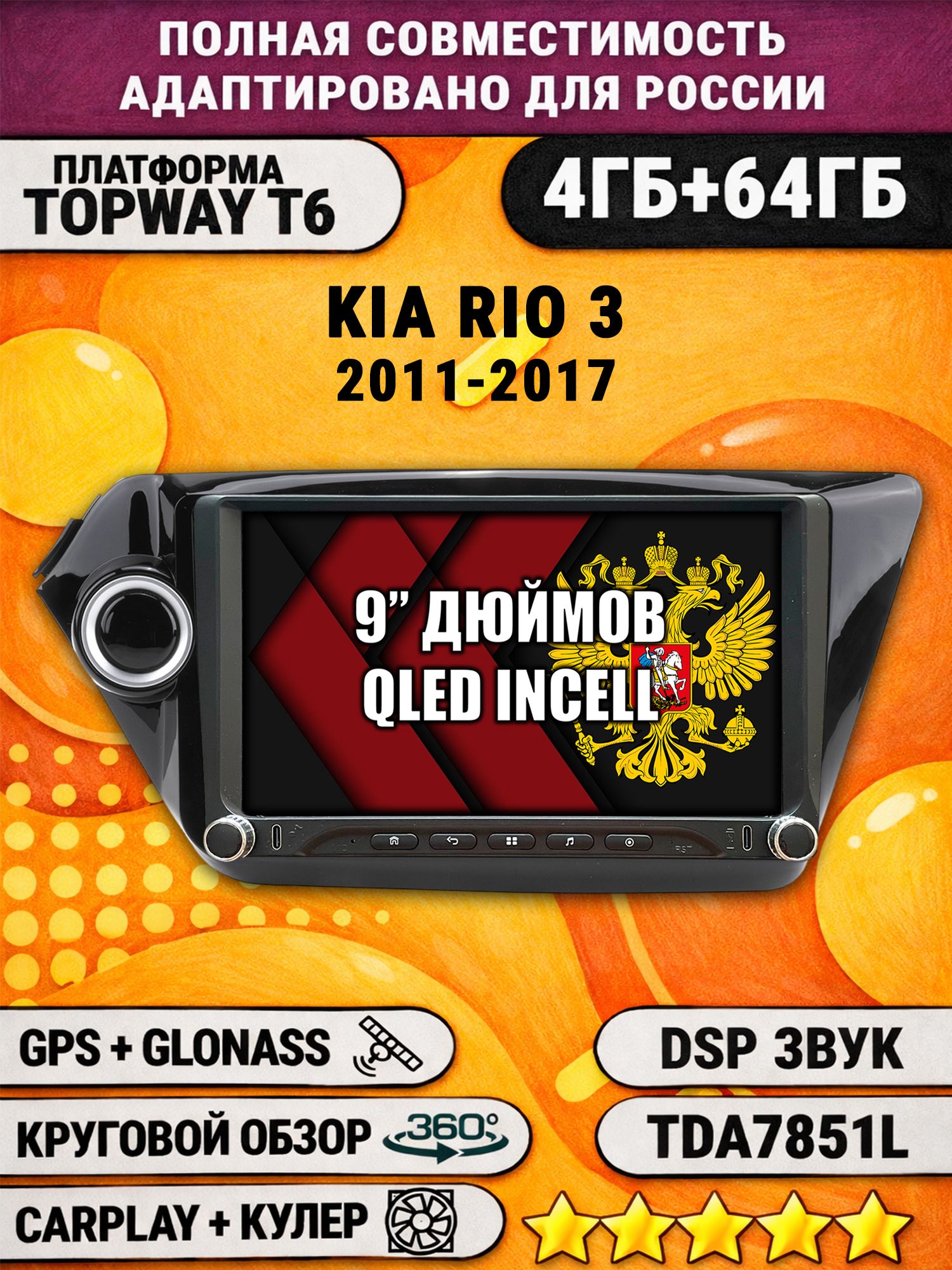 Штатная магнитола Андроид 9 для KIA RIO 3 (2011 2012 2013 2014 2015 2016 2017) Киа Рио, 4/64гб, DSP, 360 обзор, беспроводной CarPlay и Android Auto, GPS и ГЛОНАСС