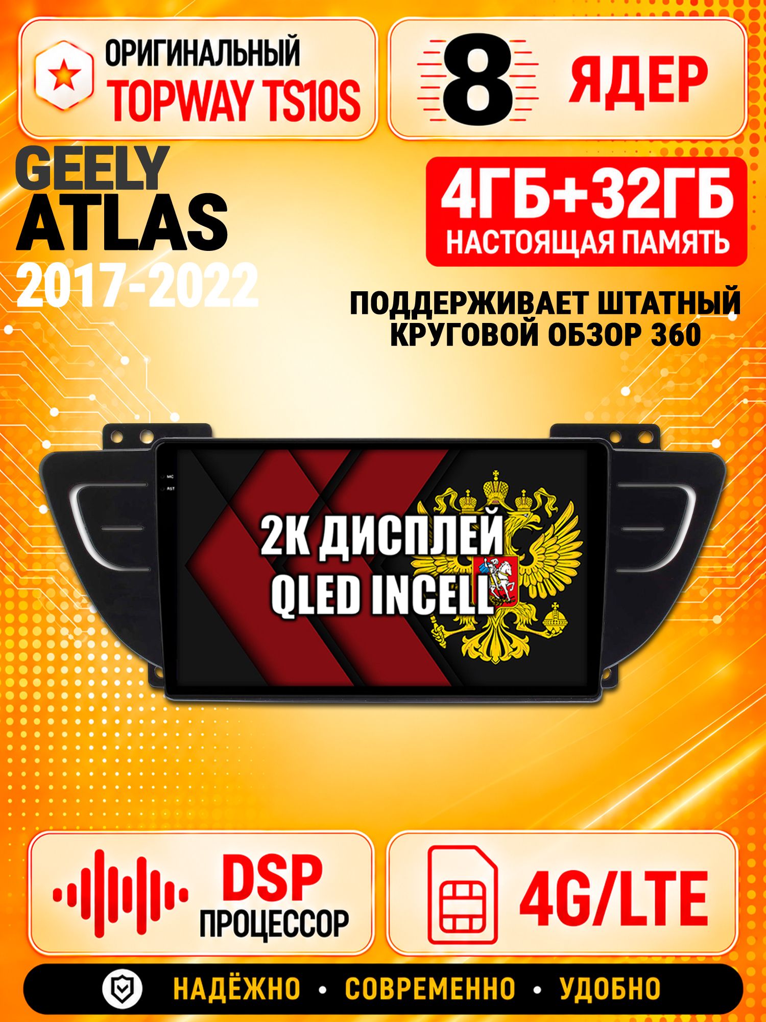8 ядер TS10S, память 4гб+32гб и экран 2К, для GEELY ATLAS (2017-2022), Android магнитола с Carplay и 4G LTE