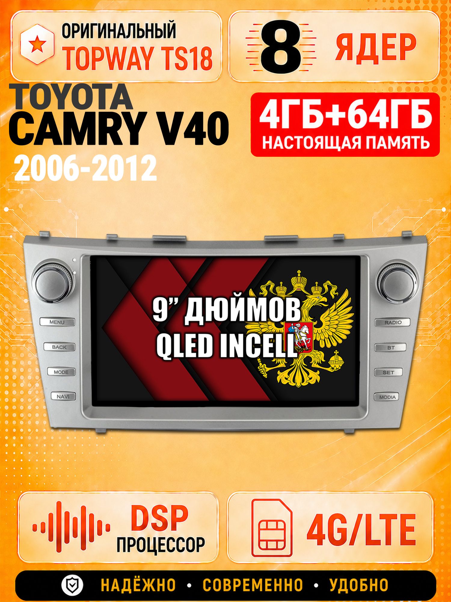 8 ядер 4гб+64гб для TOYOTA CAMRY V40 (2006-2012), Андроид магнитола с Carplay и Android Auto