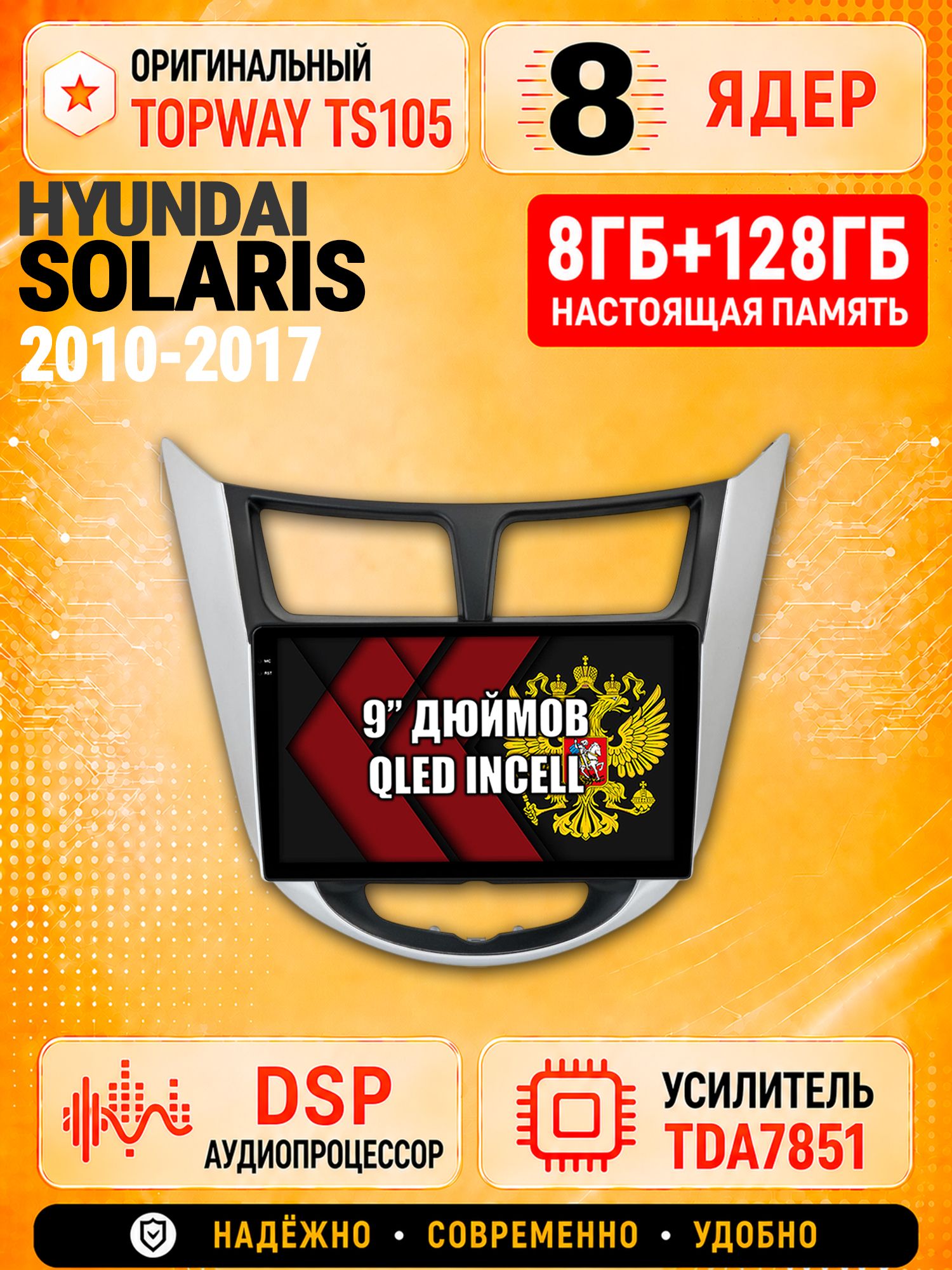 8 ядер TS105 с памятью 8гб+128гб для Hyundai Solaris (2010-2017) Соларис, Штатная андроид магнитола, DSP, 4G, беспроводной CarPlay/Android Auto - Рамка с черным центром