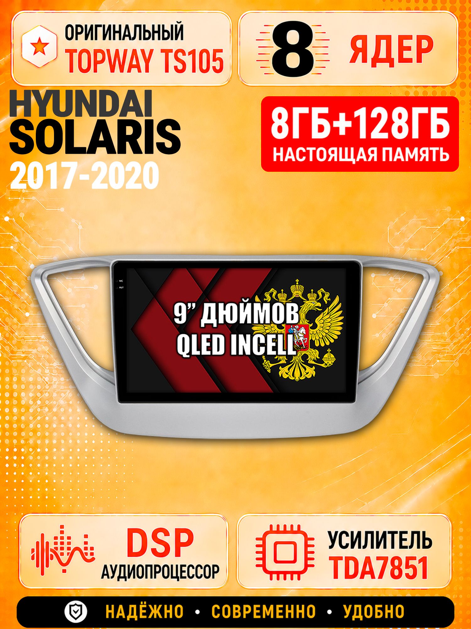 8 ядер TS105 с памятью 8гб+128гб для Hyundai Solaris (2017-2020) Соларис, Штатная андроид магнитола, DSP, 4G, беспроводной CarPlay/Android Auto