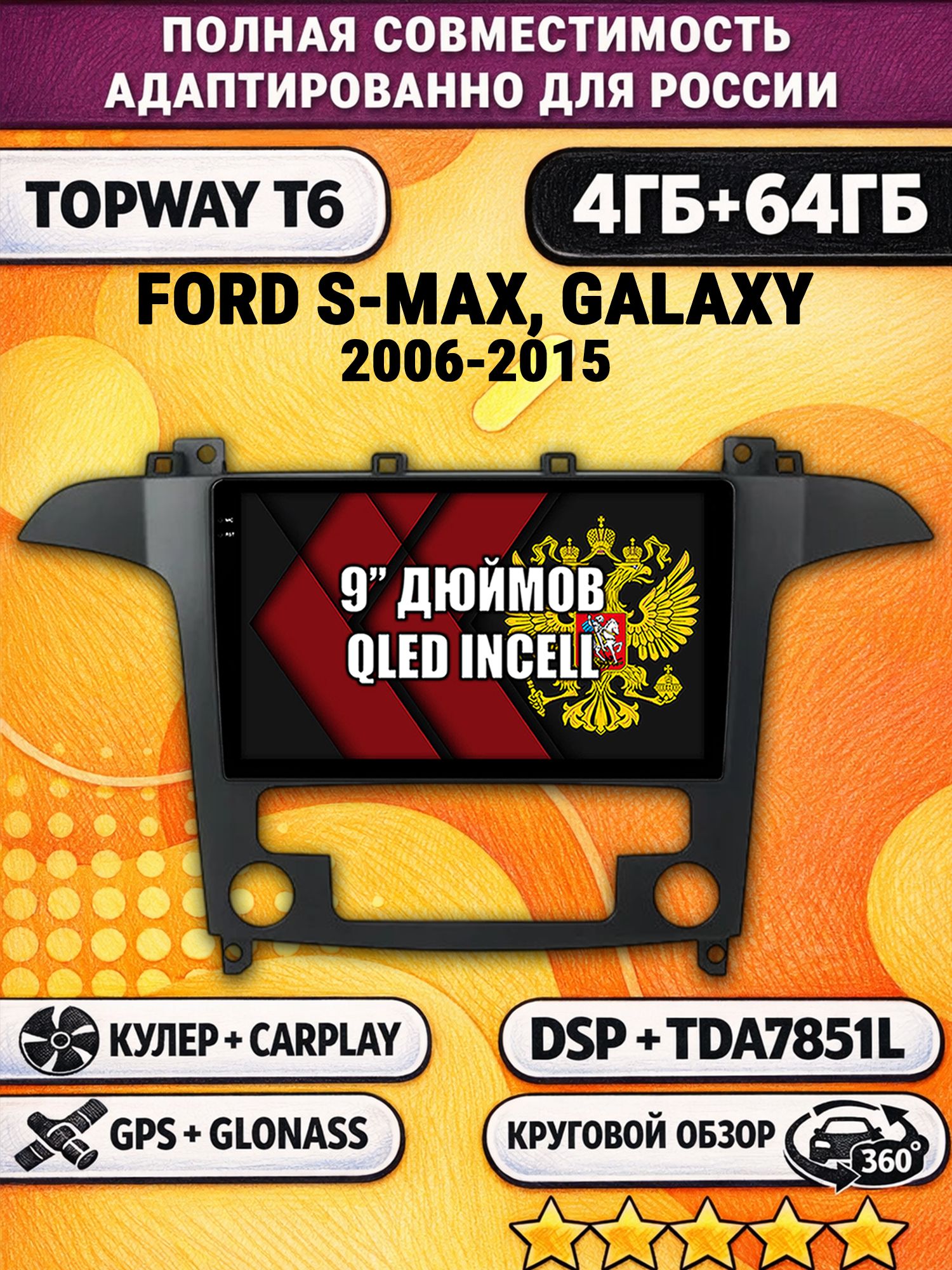 Штатная Андроид магнитола для FORD S-MAX (2006-2015), рамка черная матовая, под климат, 4/64гб, 360 обзор, DSP, беспроводной CarPlay/Android Auto, GPS/ГЛОНАСС