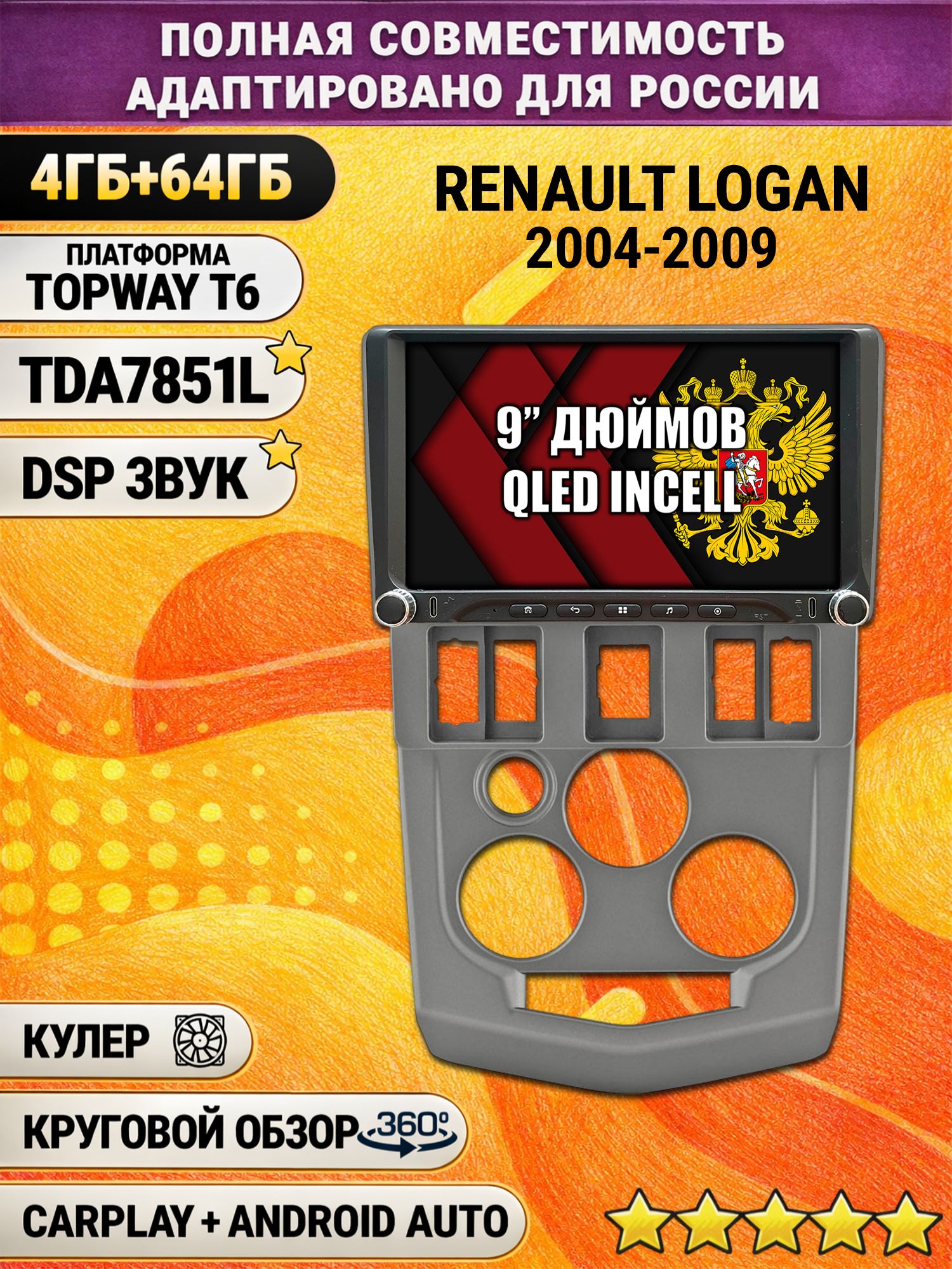 Штатная магнитола Андроид 9 для RENAULT LOGAN (2004-2009), 4/64гб, DSP, 360 обзор, беспроводной CarPlay и Android Auto, GPS и ГЛОНАСС