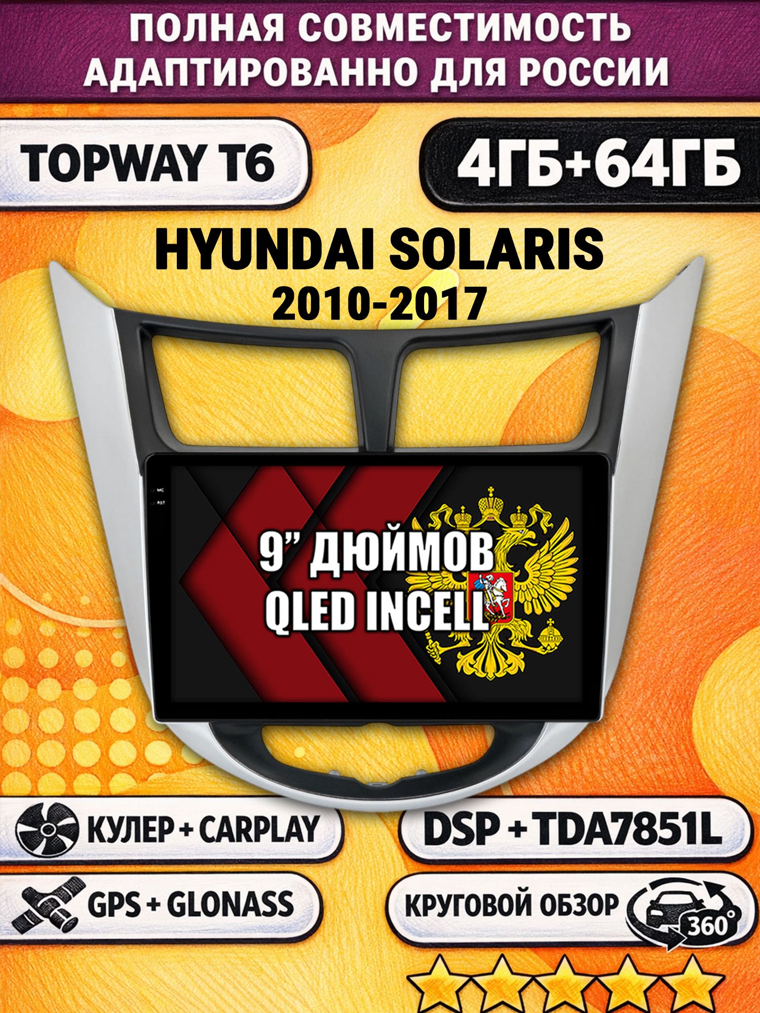 Штатная Андроид магнитола для HYUNDAI SOLARIS (2010 2011 2012 2013 2014 2015 2016 2017) Соларис, рамка с черным центром, 4/64гб, 360 обзор, DSP, беспроводной CarPlay/Android Auto, GPS/ГЛОНАСС