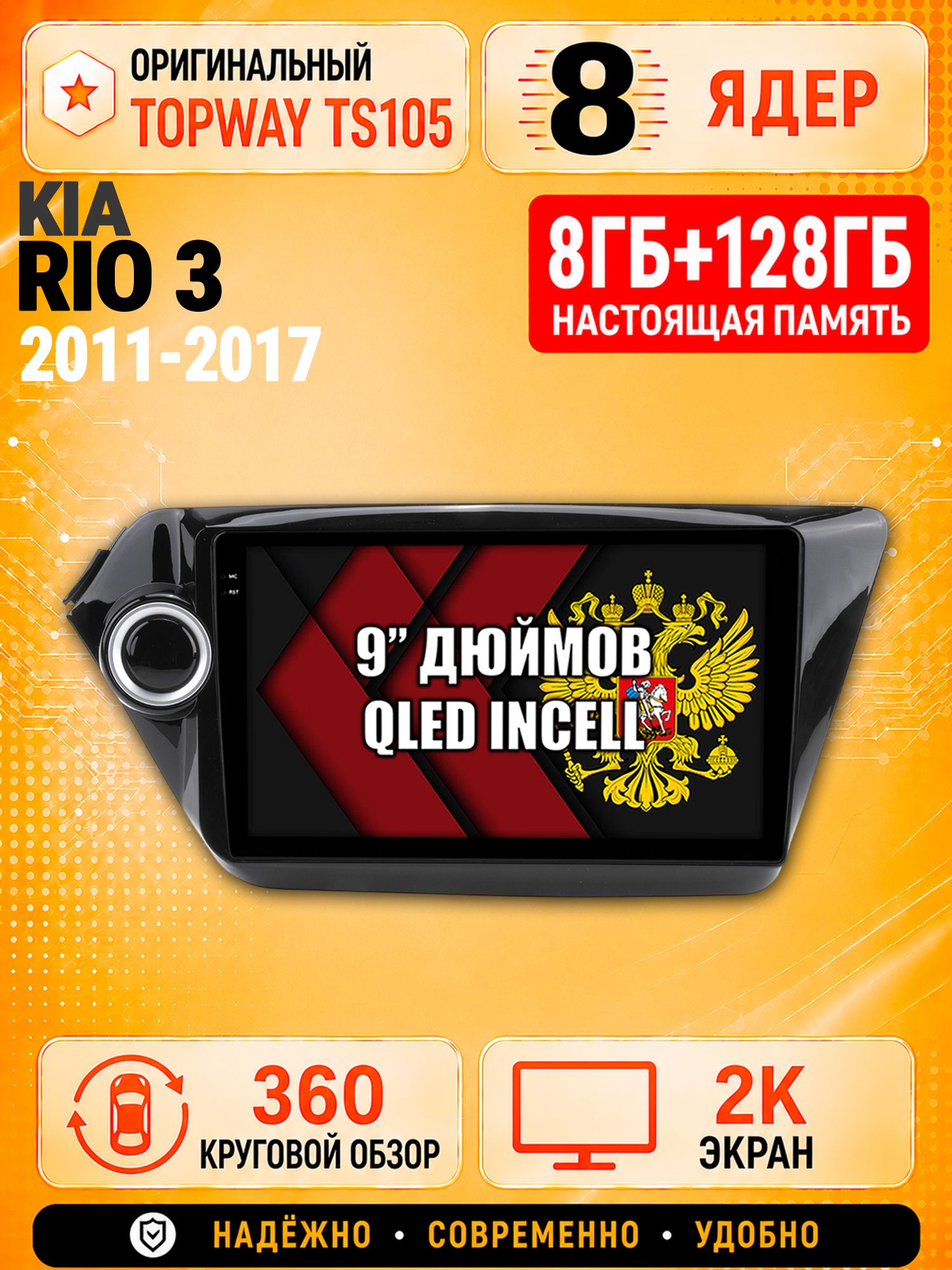 8 ядер TS105, 8гб+128гб, экран 2К и круговой обзор 360, для KIA RIO 3 (2011 2012 2013 2014 2015 2016 2017) Киа Рио, Андроид магнитола с Carplay