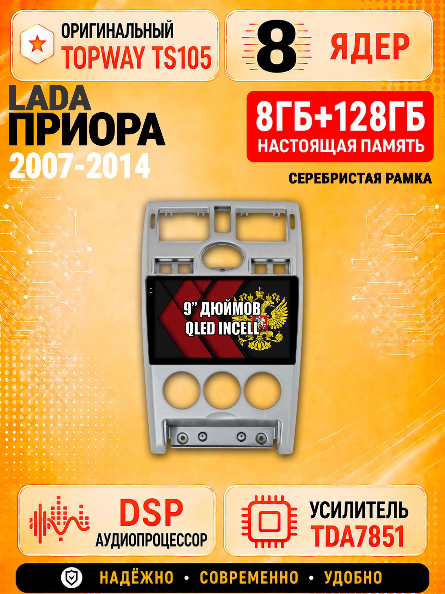 8 ядер TS105 с памятью 8гб+128гб для Lada Priora Лада Приора (2007-2014) - серебристая рамка, Штатная андроид магнитола, DSP, 4G, беспроводной CarPlay/Android Auto