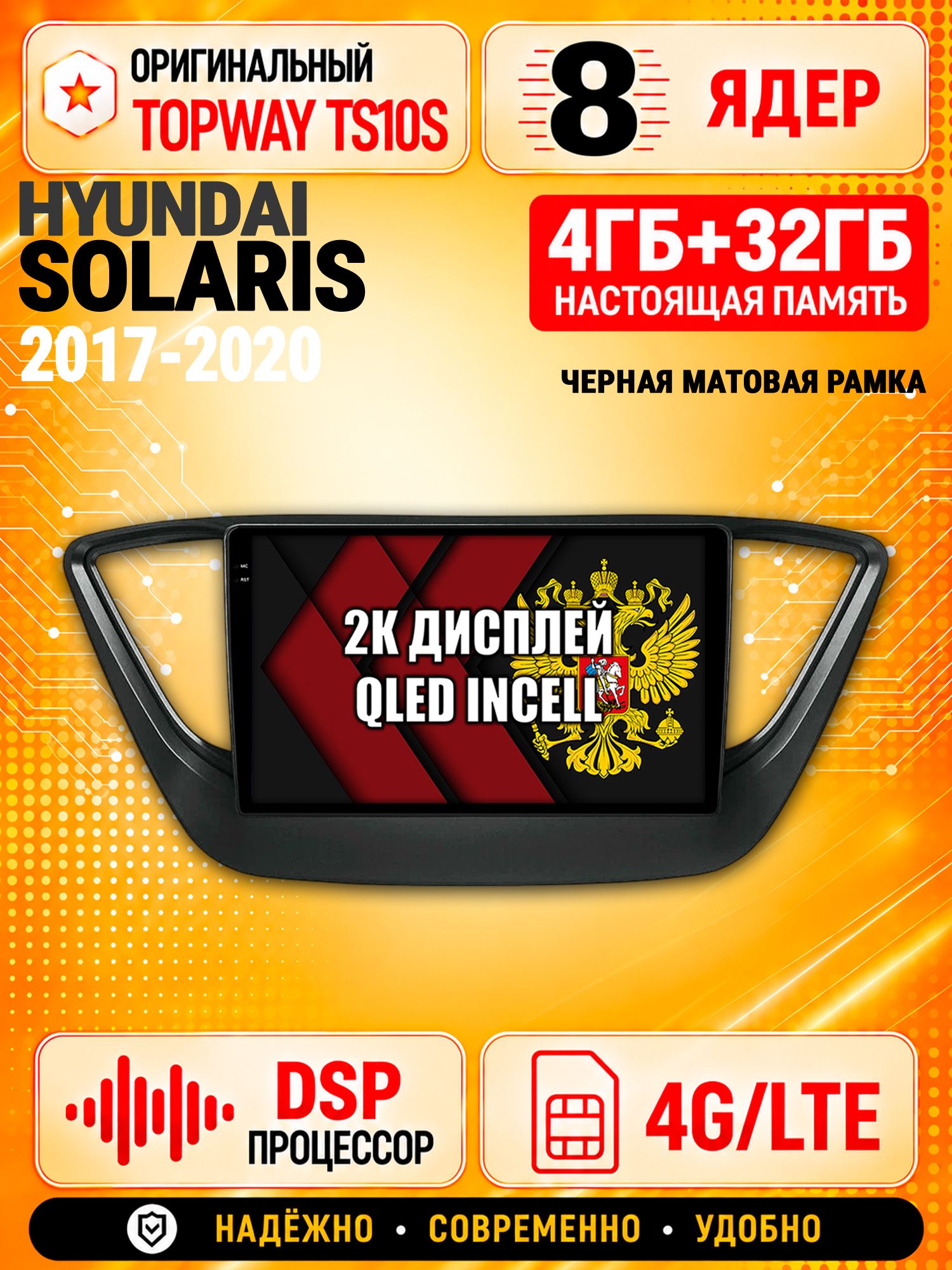 8 ядер TS10S, память 4гб+32гб и экран 2К, для HYUNDAI SOLARIS (2017 2018 2019 2020) Соларис, Android магнитола с Carplay и 4G LTE, рамка черная матовая