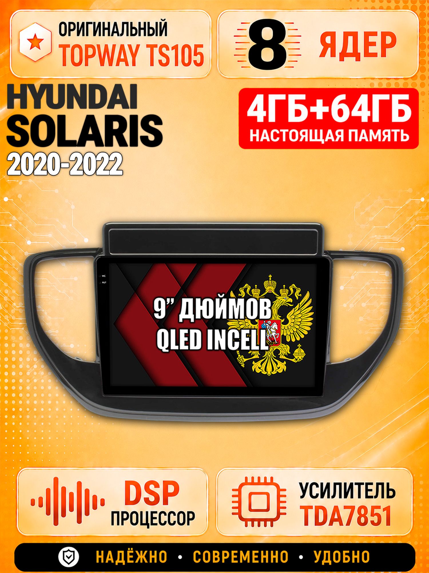 8 ядер TS105, 4ГБ+64ГБ для Hyundai Solaris (2020 2021 2022), Штатная андроид магнитола с DSP, 4G, CarPlay и Android Auto