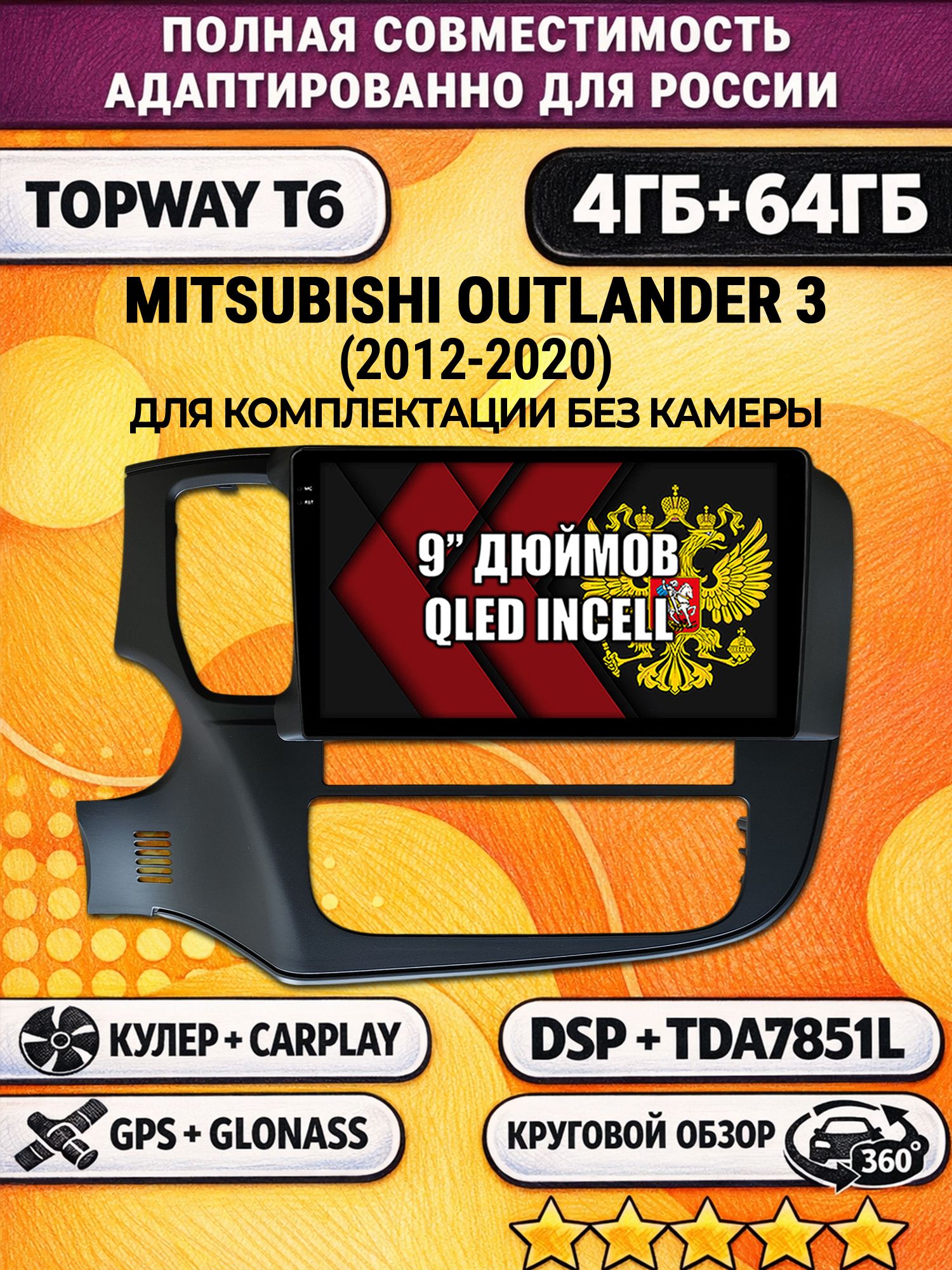 Штатная Андроид магнитола для MITSUBISHI OUTLANDER 3 (2012-2020), 4/64гб, 360 обзор, DSP, беспроводной CarPlay/Android Auto, GPS/ГЛОНАСС, на комплектацию без штатной камеры, матовая