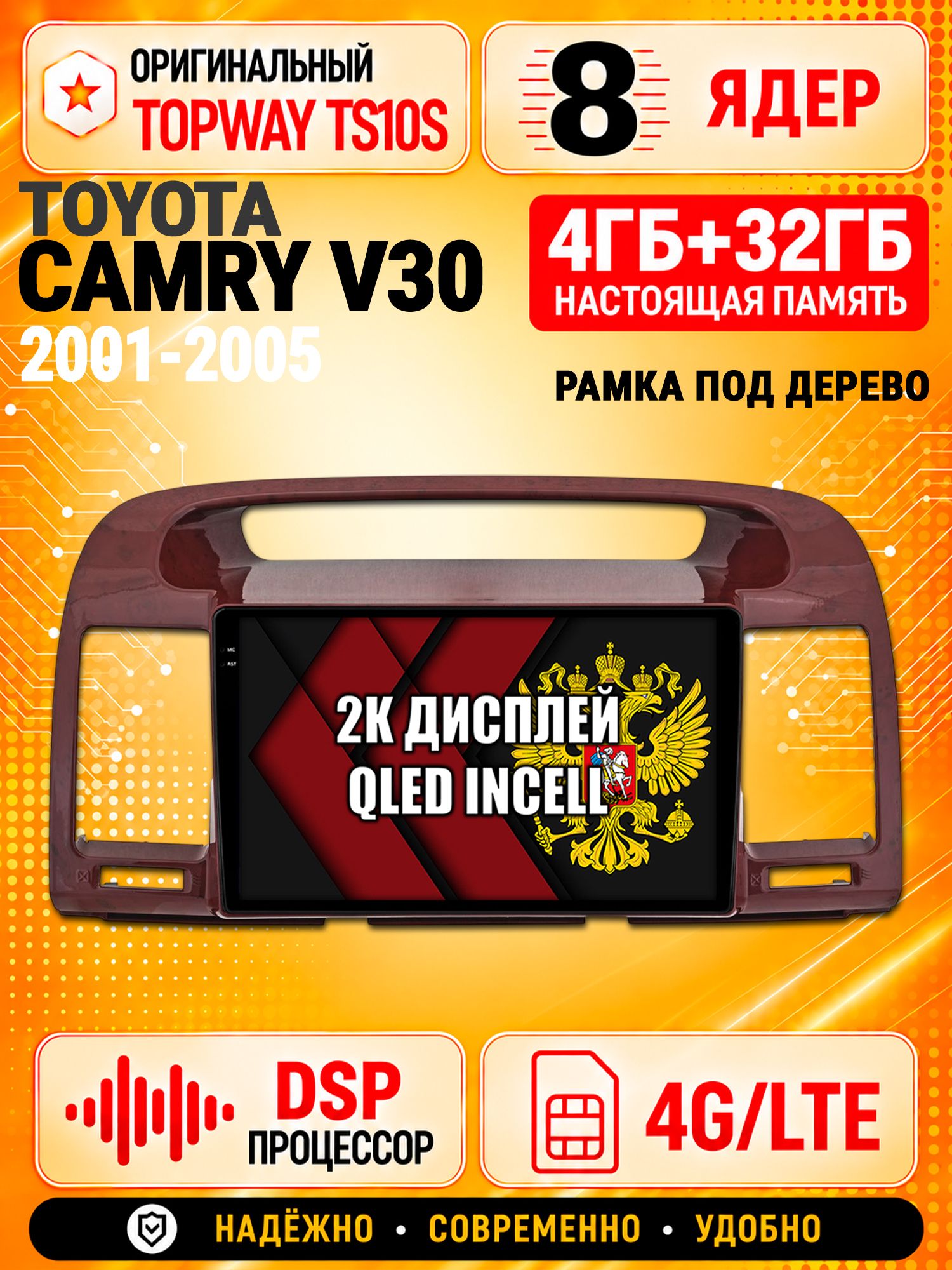 8 ядер TS10S, память 4гб+32гб и экран 2К, для TOYOTA CAMRY V30 (2001-2005), Android магнитола с Carplay и 4G LTE, Рамка под дерево