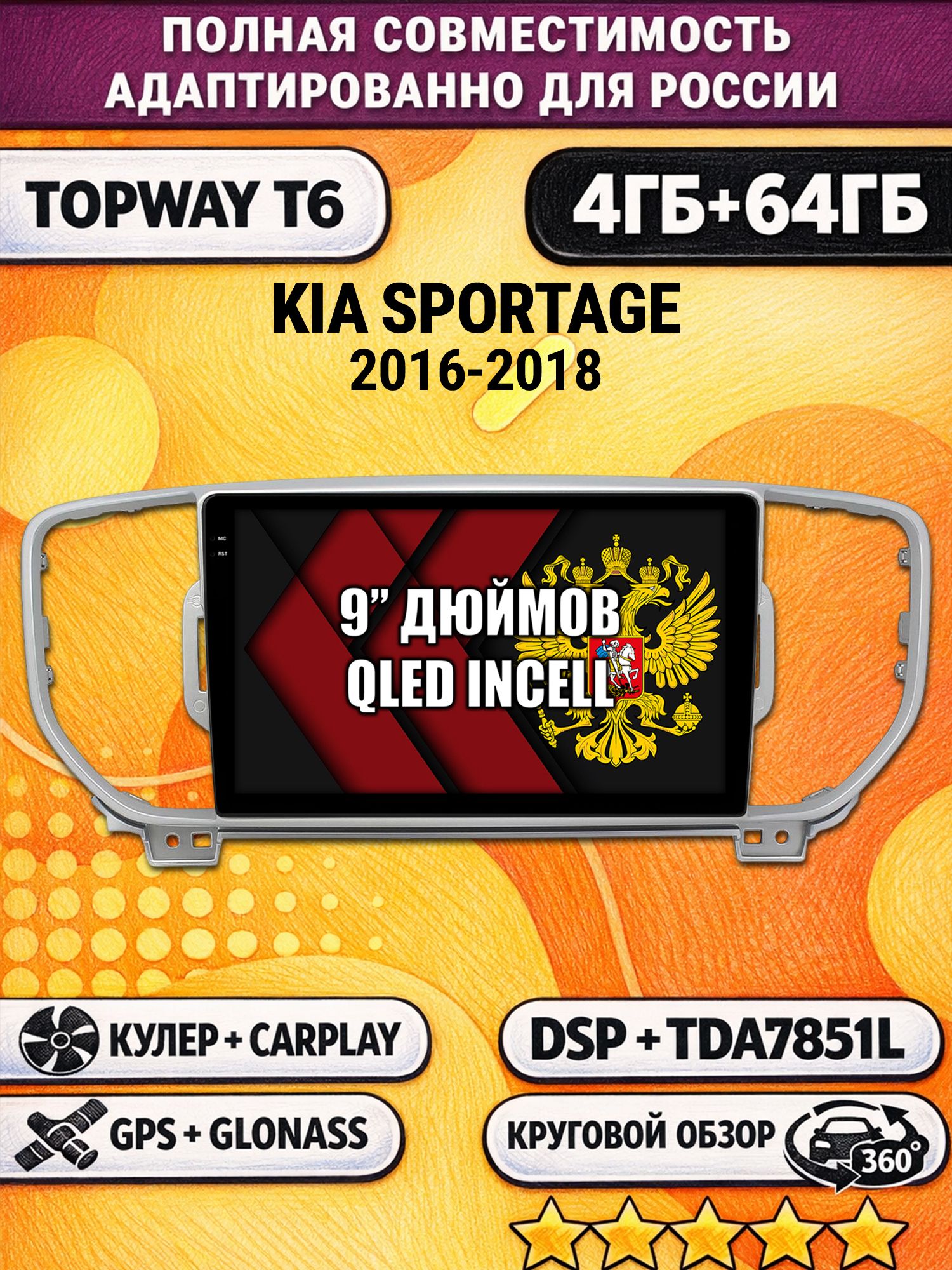 Штатная Андроид магнитола для KIA SPORTAGE (2016-2018), 4/64гб, 360 обзор, DSP, беспроводной CarPlay/Android Auto, GPS/ГЛОНАСС