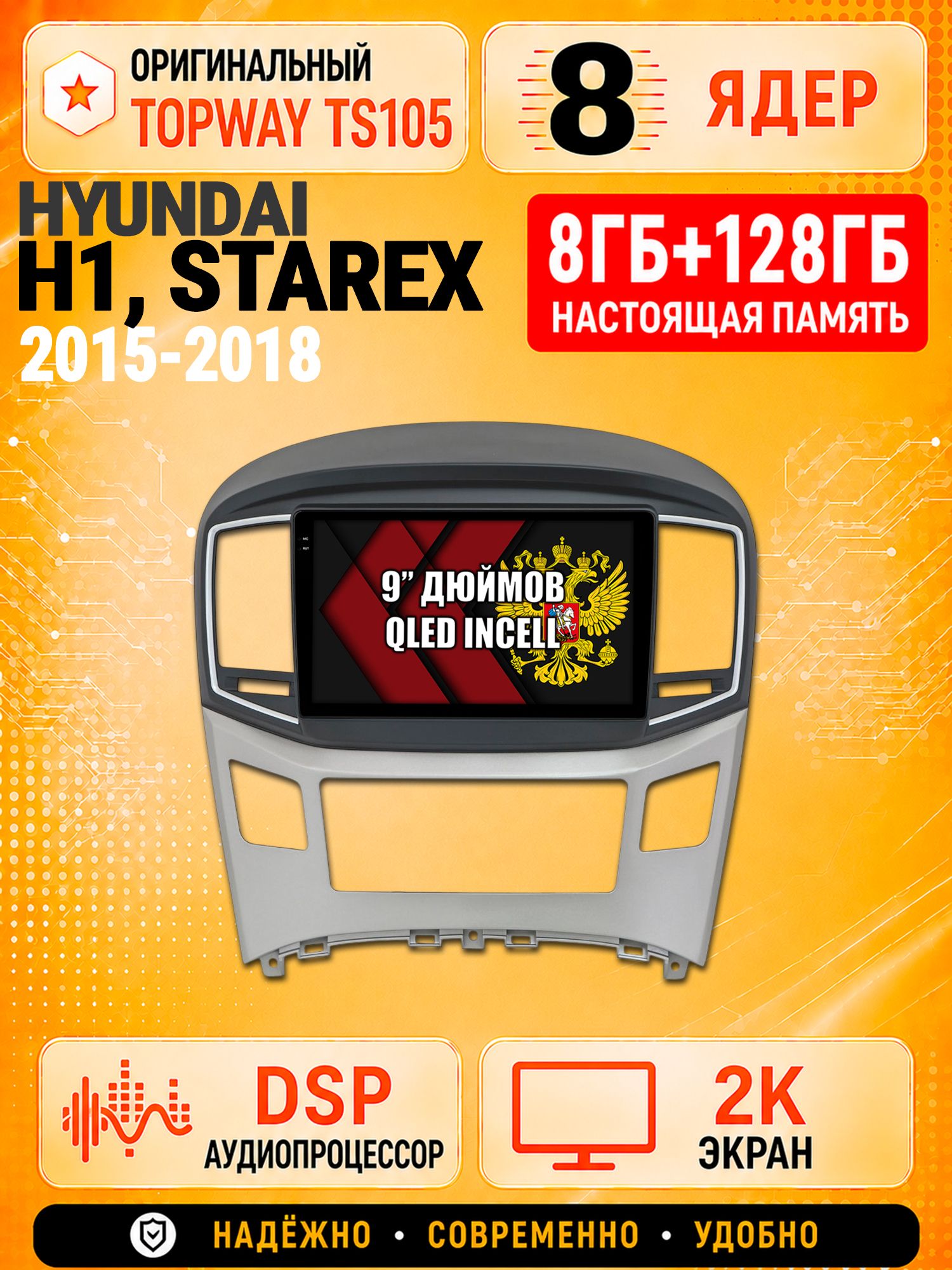 8 ядер TS105, 8гб+128гб, экран 2К, для HYUNDAI H1, H-1, STAREX (2015-2018), Android магнитола