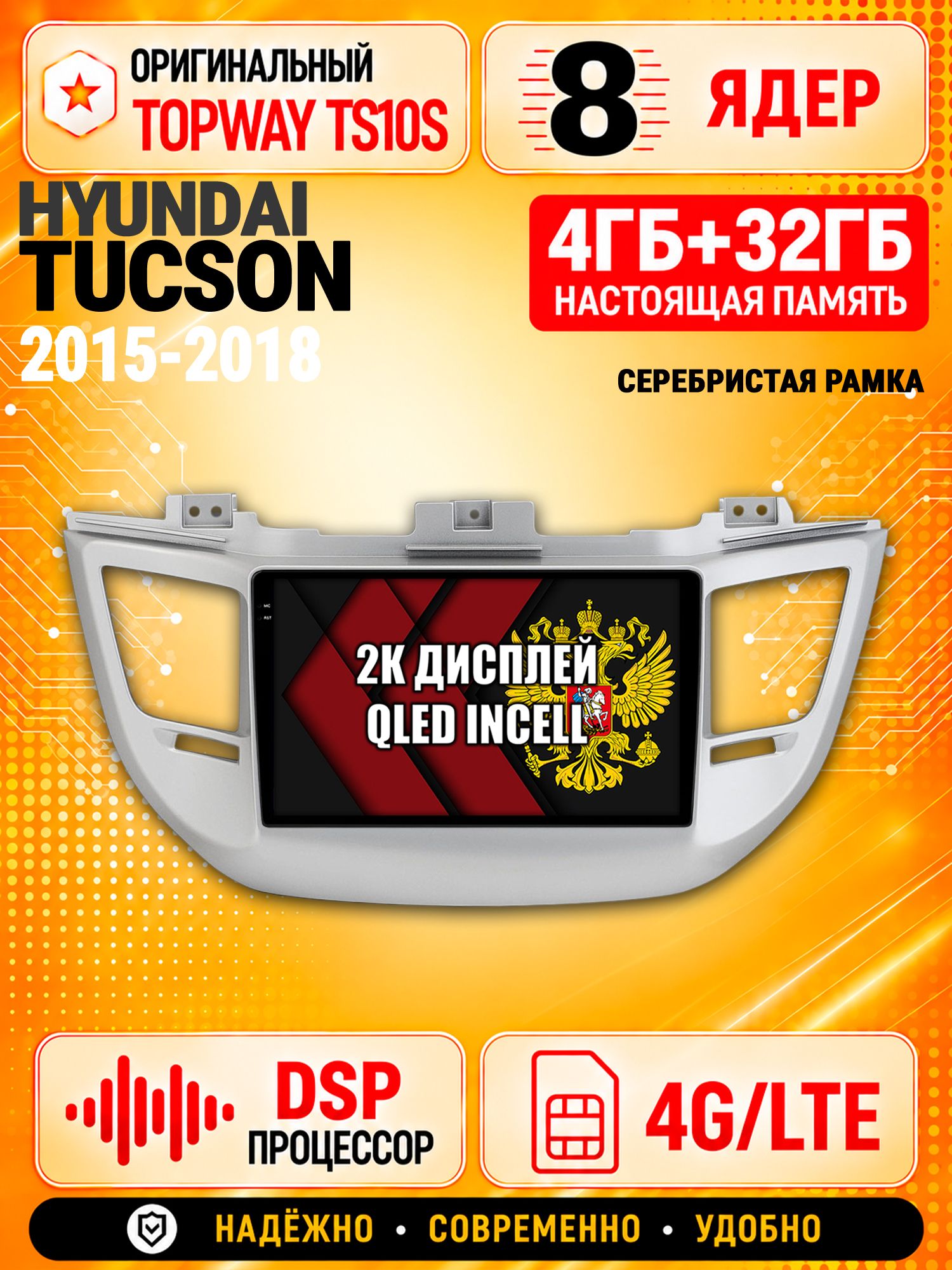 8 ядер TS10S, память 4гб+32гб и экран 2К, для HYUNDAI TUCSON (2015-2018), Android магнитола с Carplay и 4G LTE - рамка серебро