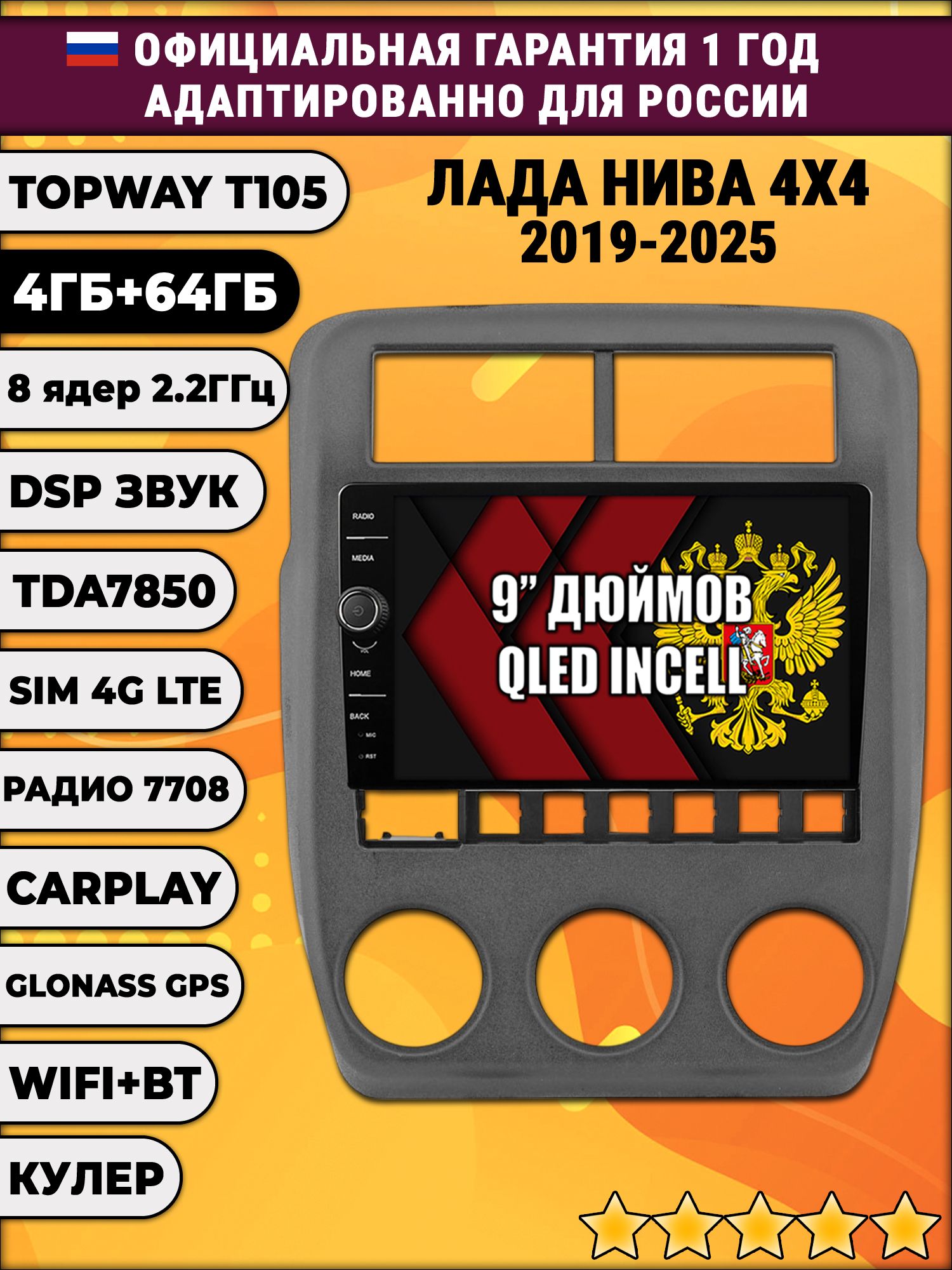 Штатная Андроид магнитола 9 для Лада Нива (2019 2020 2021 2022 2023 2024), Lada Niva 4X4, TS105 8 ядер, 4/64гб, Qled Incell, CarPlay/Android Auto, Gps/Глонасс