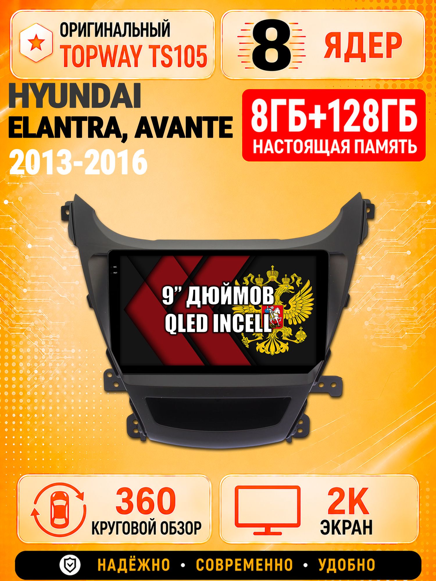 8 ядер TS105, 8гб+128гб, экран 2К и круговой обзор 360, для HYUNDAI ELANTRA, AVANTE (2013-2016), Андроид магнитола с Carplay