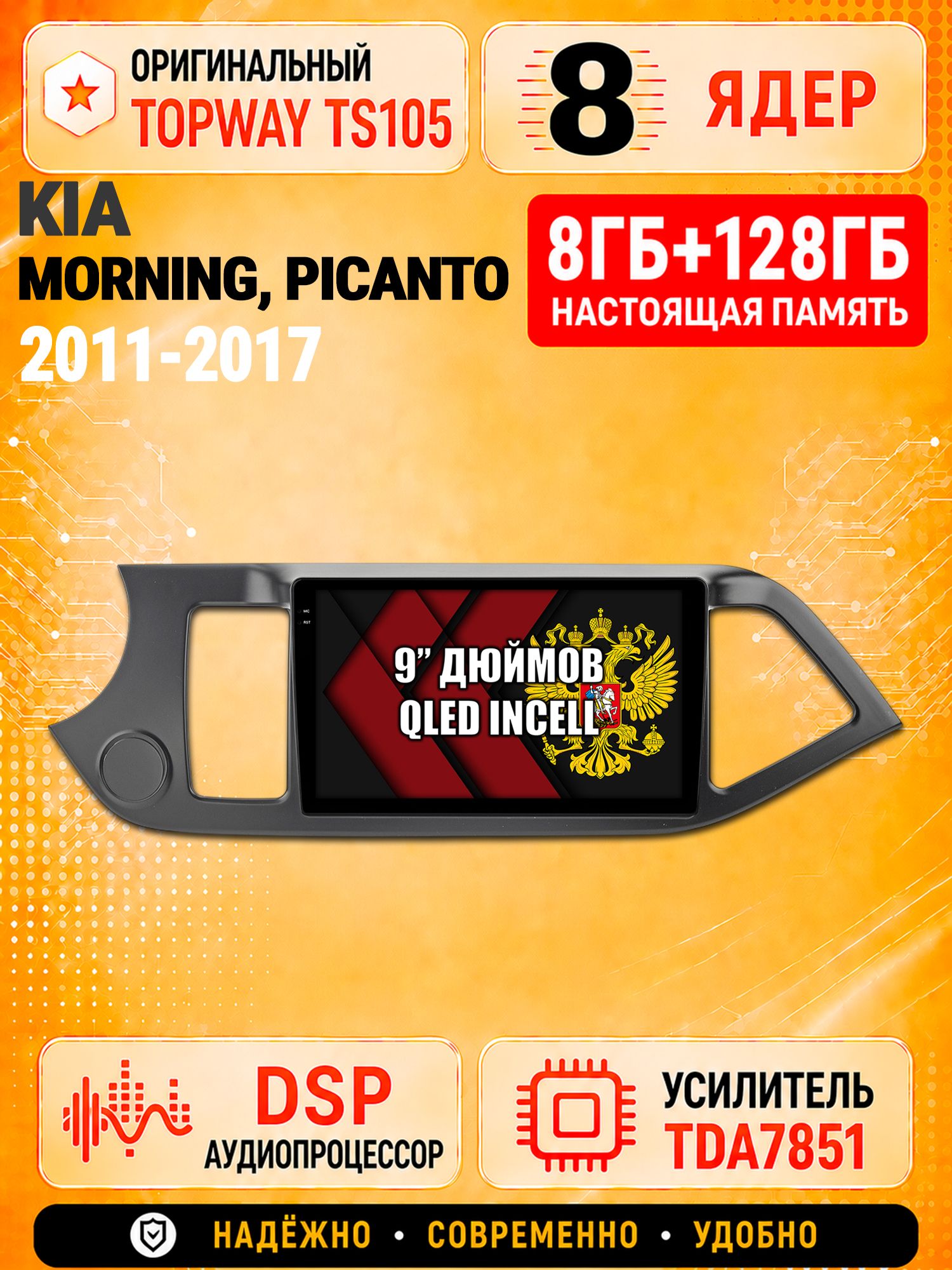 8 ядер TS105 с памятью 8гб+128гб для Kia Morning (2011-2017) Picanto (2011-2017), Штатная андроид магнитола, DSP, 4G, беспроводной CarPlay/Android Auto